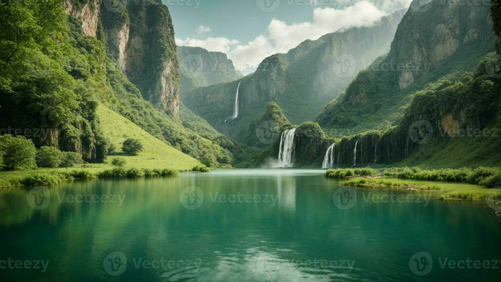 A serene, tranquil lake nestled in a verdant valley, surrounded by towering cliffs and cascading waterfalls, Nature Background AI Generative photo