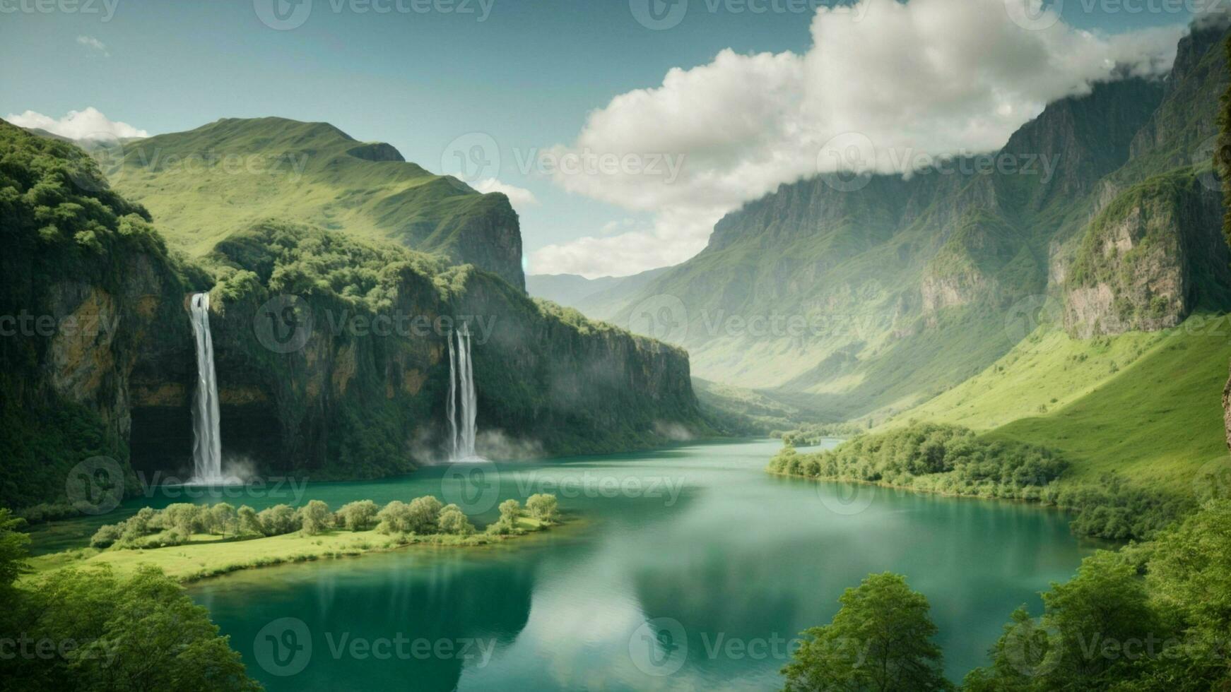 A serene, tranquil lake nestled in a verdant valley, surrounded by towering cliffs and cascading waterfalls, Nature Background AI Generative photo