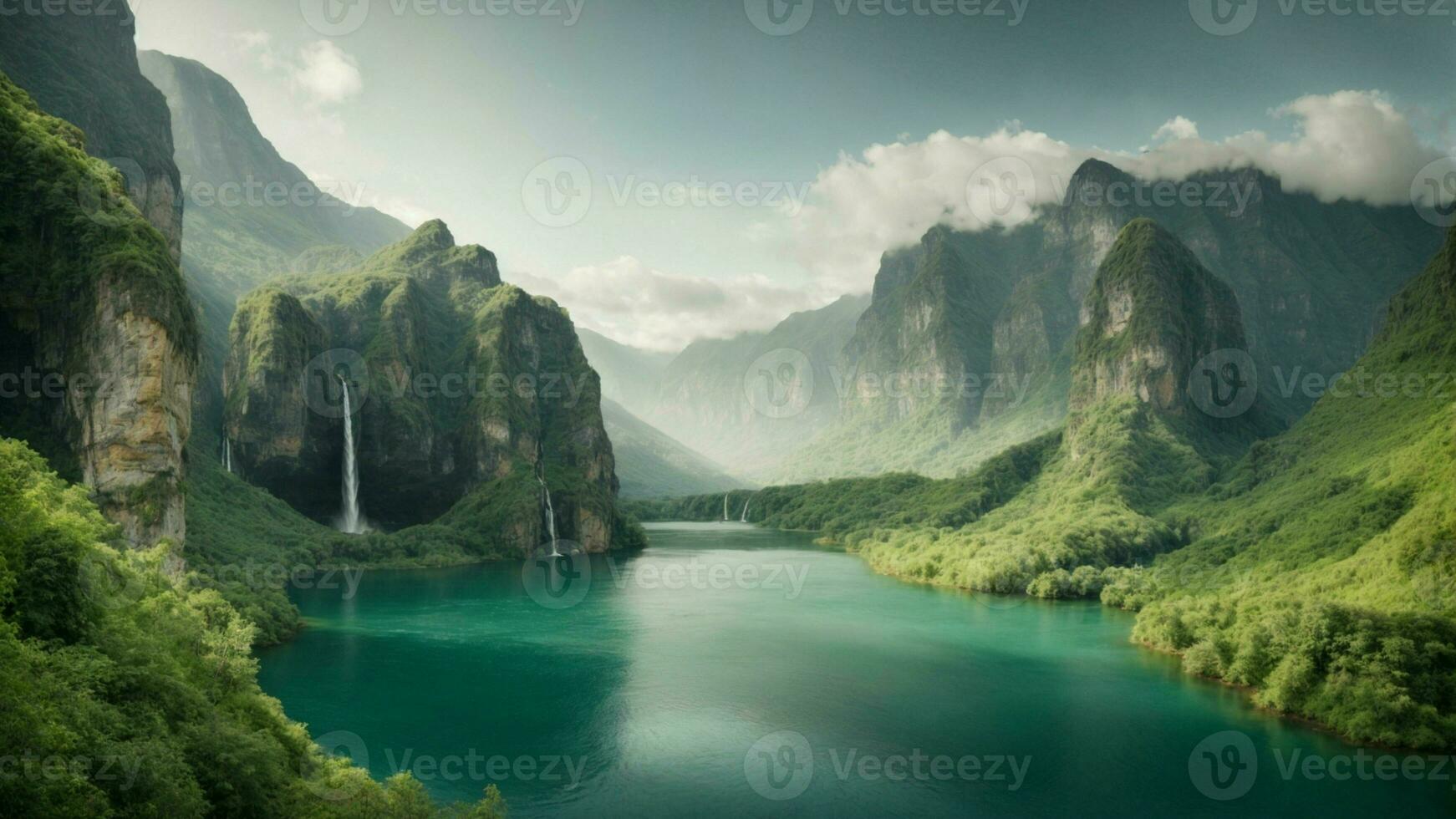 A serene, tranquil lake nestled in a verdant valley, surrounded by towering cliffs and cascading waterfalls, Nature Background AI Generative photo
