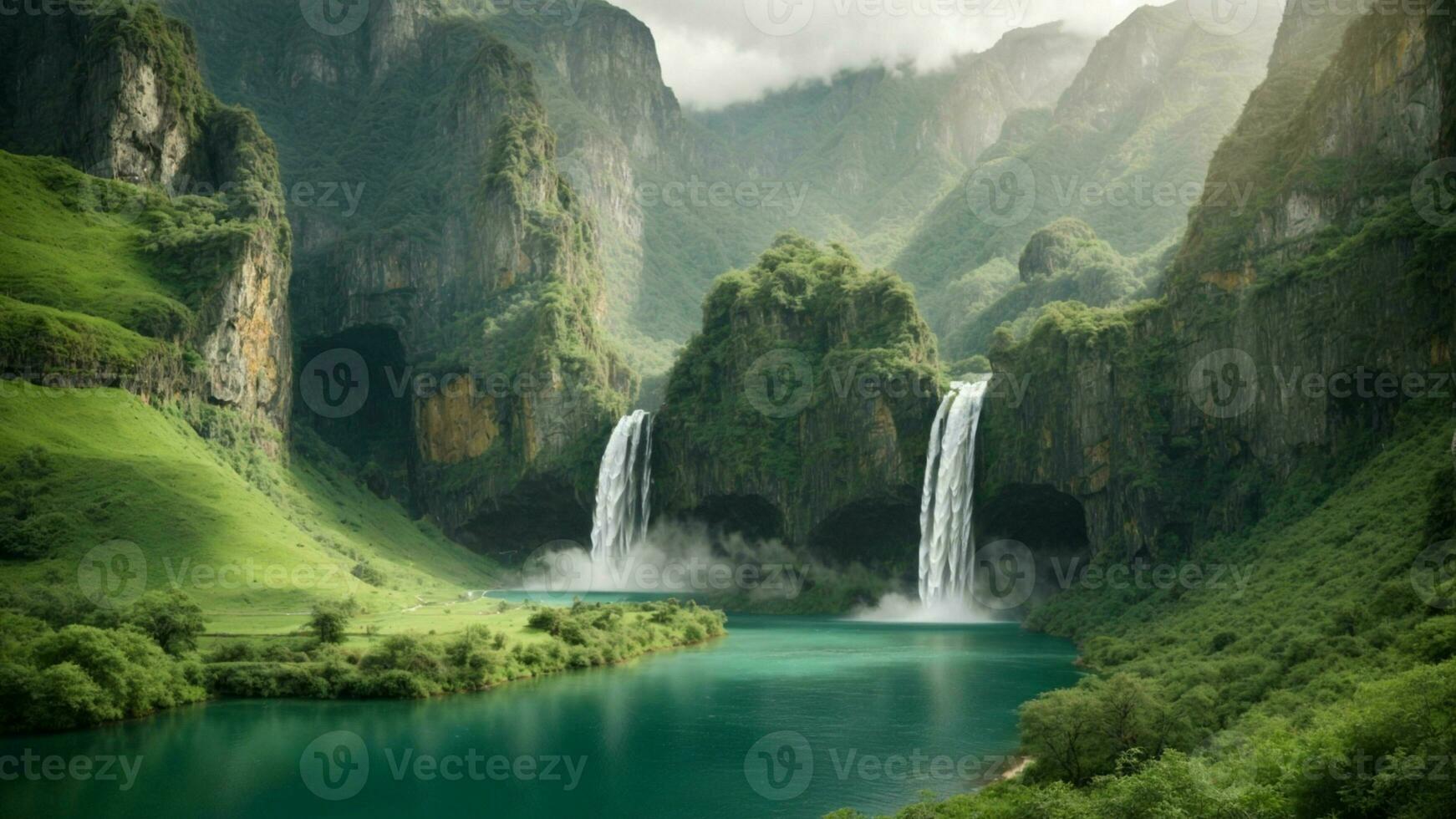 A serene, tranquil lake nestled in a verdant valley, surrounded by towering cliffs and cascading waterfalls, Nature Background AI Generative photo