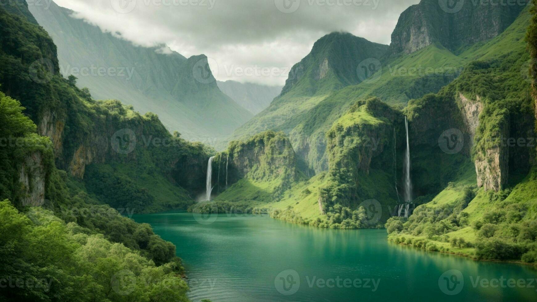 A serene, tranquil lake nestled in a verdant valley, surrounded by towering cliffs and cascading waterfalls, Nature Background AI Generative photo