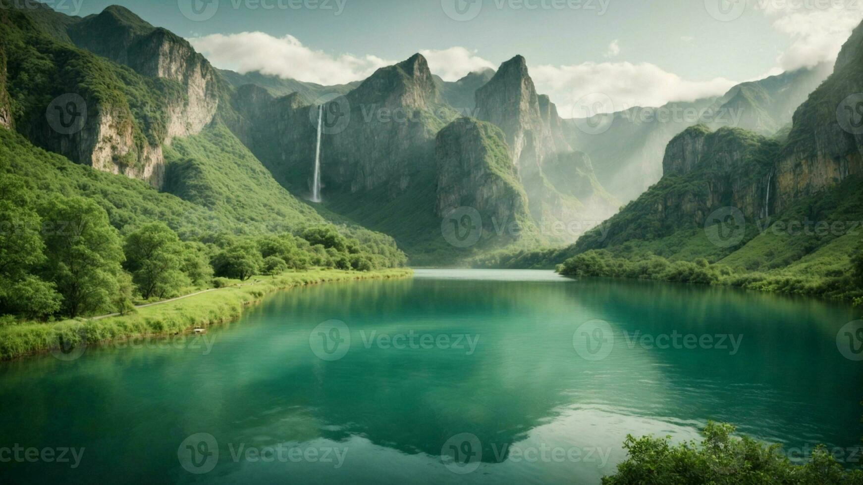 A serene, tranquil lake nestled in a verdant valley, surrounded by towering cliffs and cascading waterfalls, Nature Background AI Generative photo