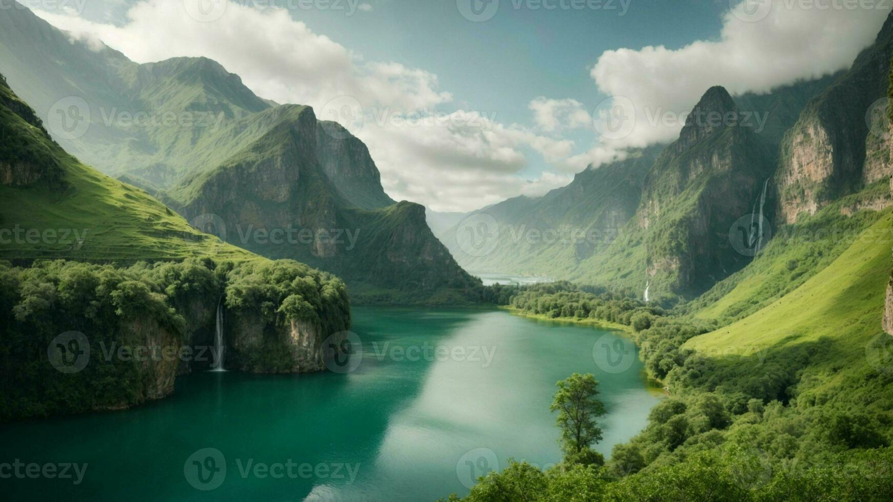 A serene, tranquil lake nestled in a verdant valley, surrounded by towering cliffs and cascading waterfalls, Nature Background AI Generative photo