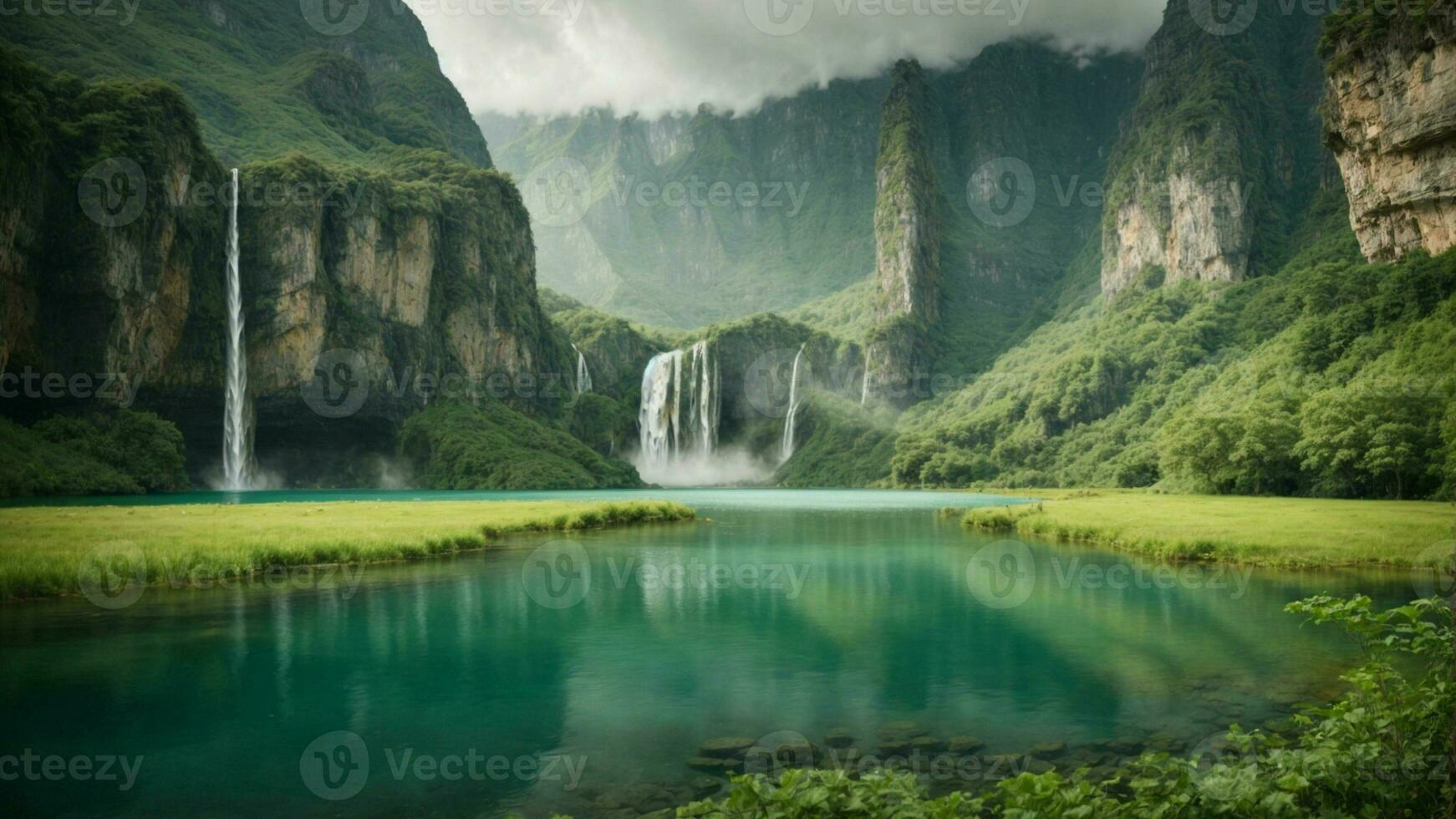 A serene, tranquil lake nestled in a verdant valley, surrounded by towering cliffs and cascading waterfalls, Nature Background AI Generative photo
