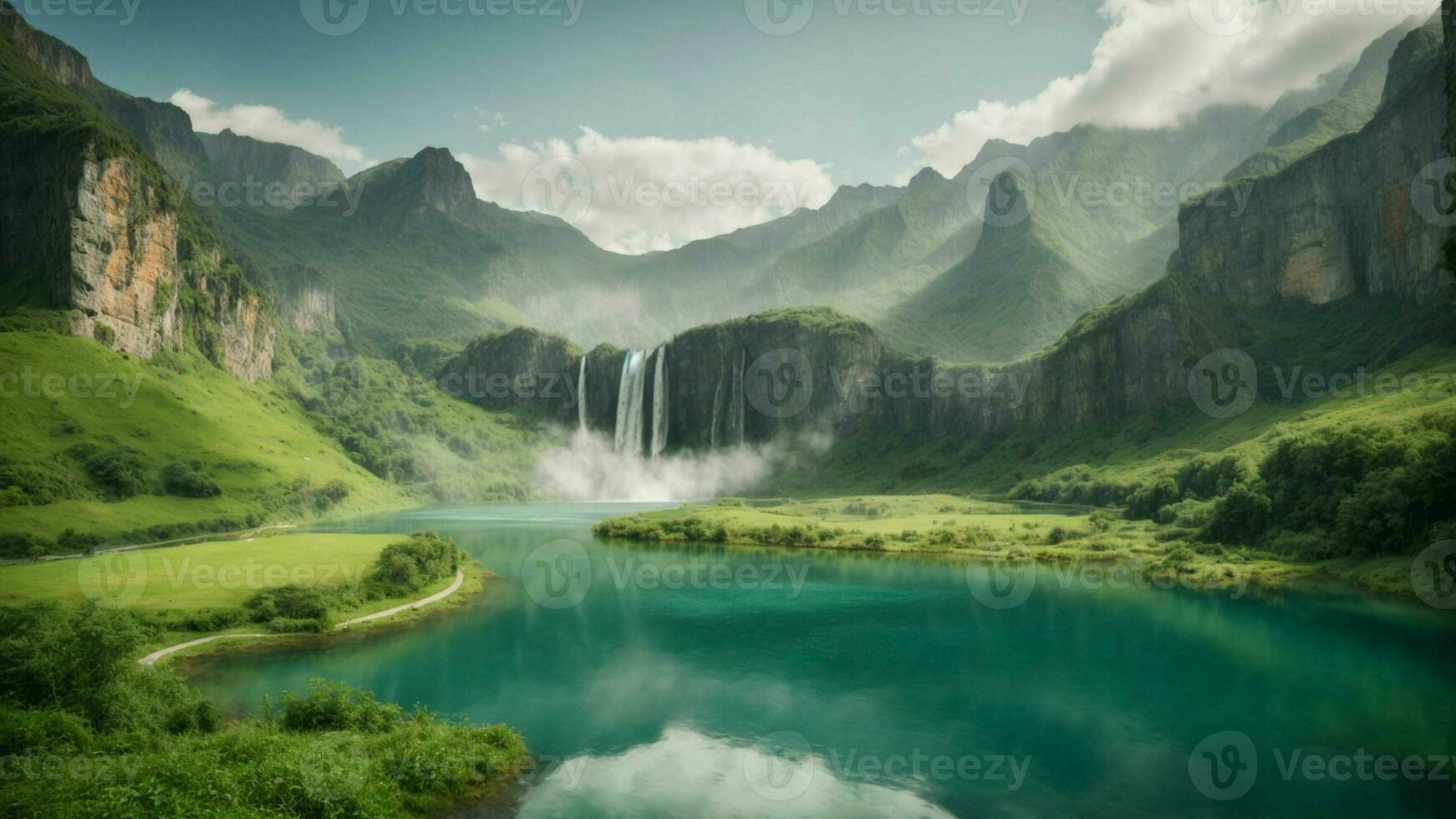 A serene, tranquil lake nestled in a verdant valley, surrounded by towering cliffs and cascading waterfalls, Nature Background AI Generative photo