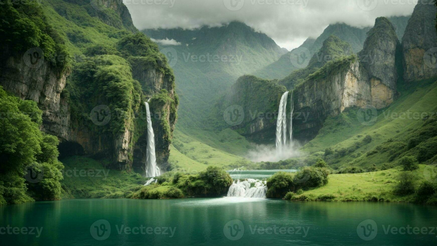 A serene, tranquil lake nestled in a verdant valley, surrounded by towering cliffs and cascading waterfalls, Nature Background AI Generative photo