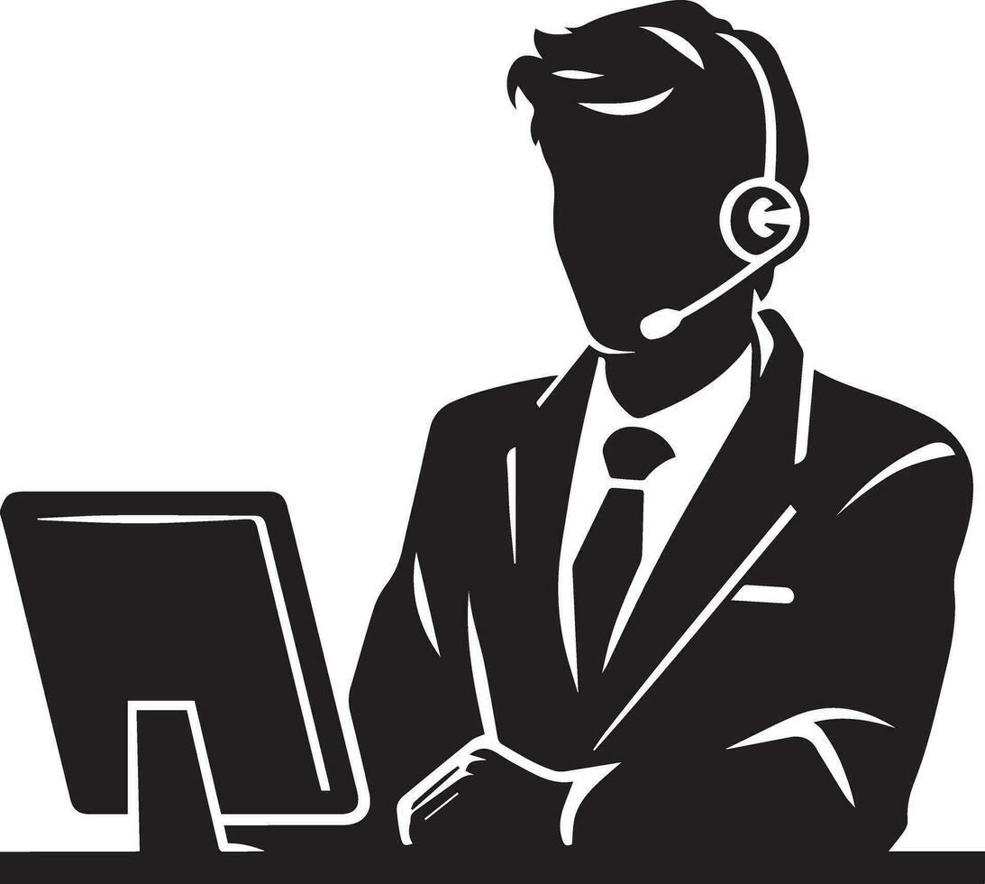 call center operator with headset black color silhouette vector