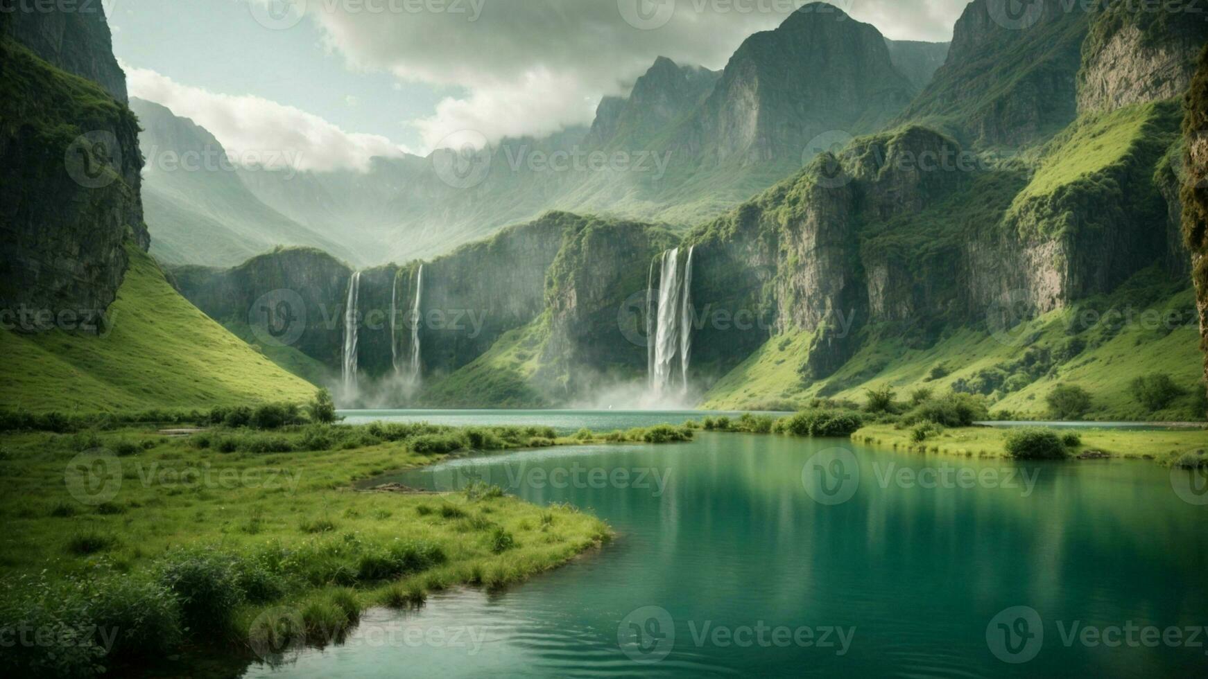 A serene, tranquil lake nestled in a verdant valley, surrounded by towering cliffs and cascading waterfalls, Nature Background AI Generative photo