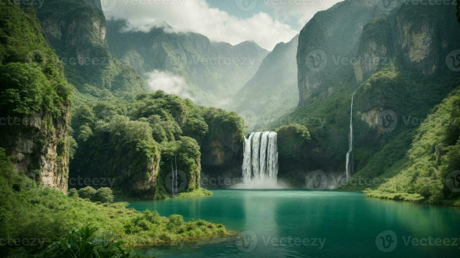A serene, tranquil lake nestled in a verdant valley, surrounded by towering cliffs and cascading waterfalls, Nature Background AI Generative photo