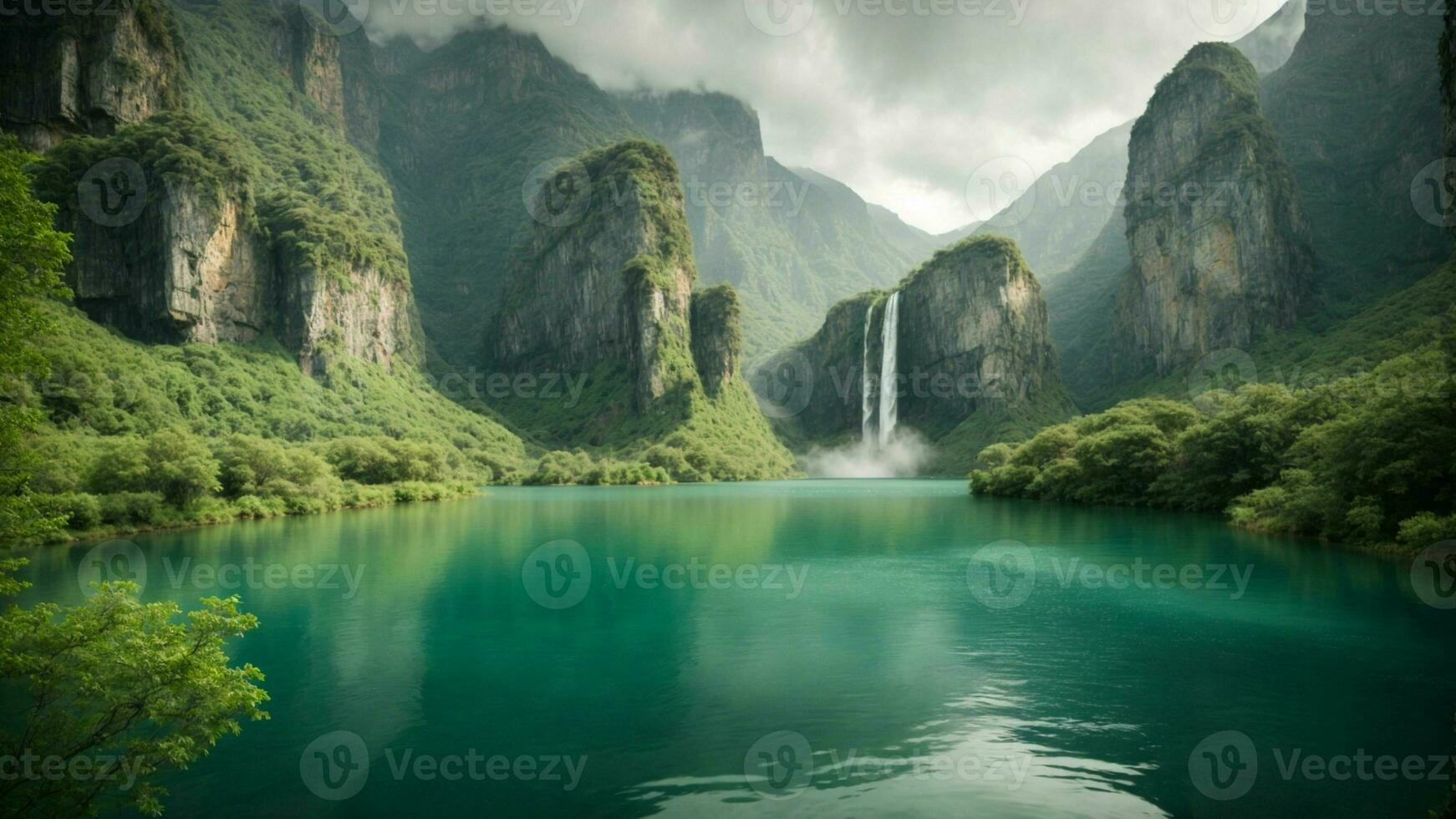 A serene, tranquil lake nestled in a verdant valley, surrounded by towering cliffs and cascading waterfalls, Nature Background AI Generative photo