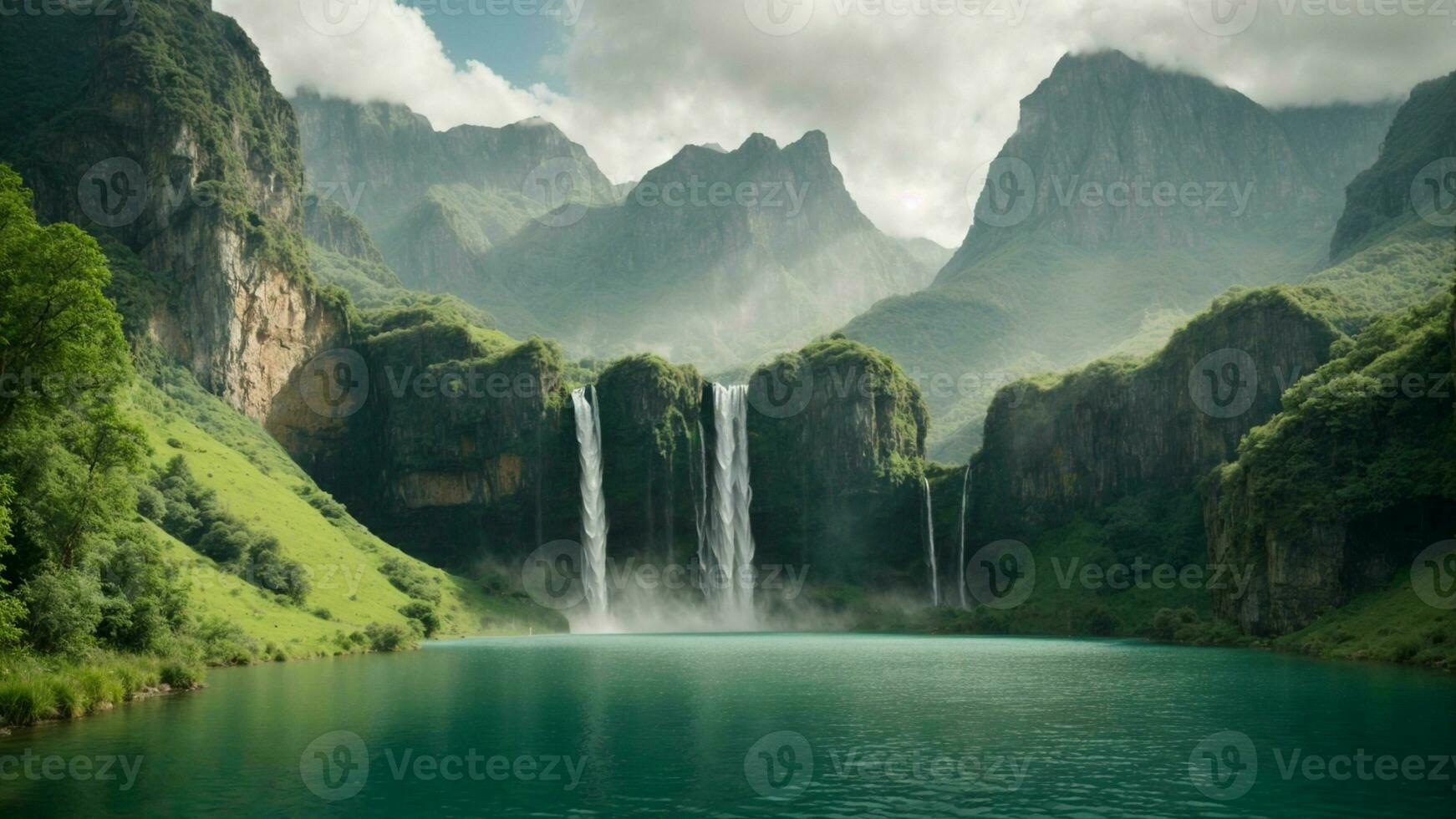 A serene, tranquil lake nestled in a verdant valley, surrounded by towering cliffs and cascading waterfalls, Nature Background AI Generative photo