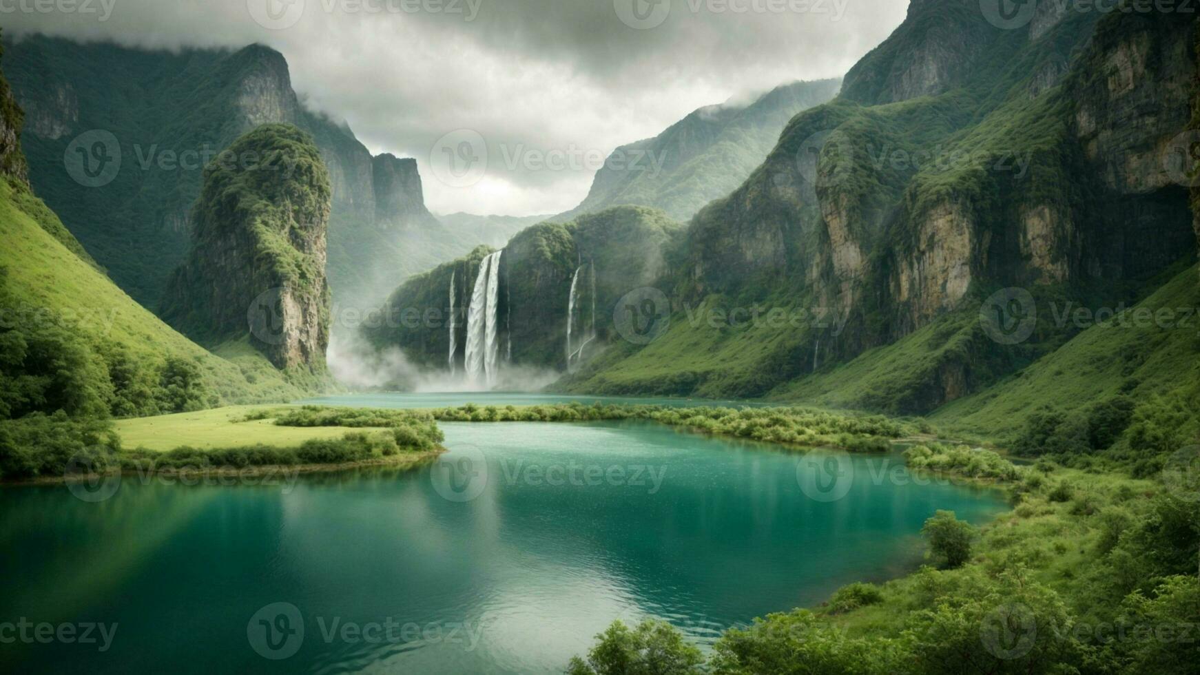 A serene, tranquil lake nestled in a verdant valley, surrounded by towering cliffs and cascading waterfalls, Nature Background AI Generative photo