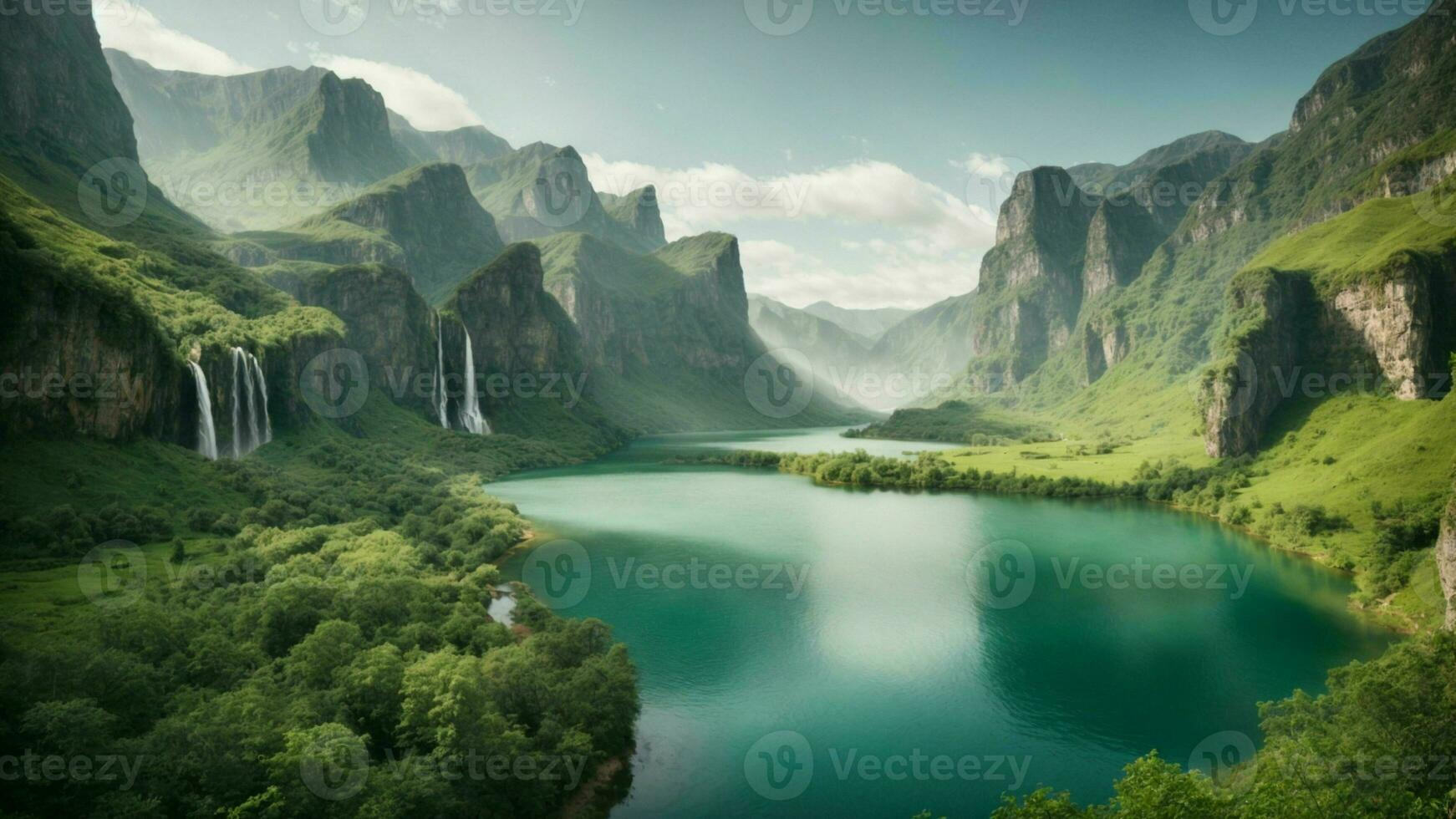 A serene, tranquil lake nestled in a verdant valley, surrounded by towering cliffs and cascading waterfalls, Nature Background AI Generative photo