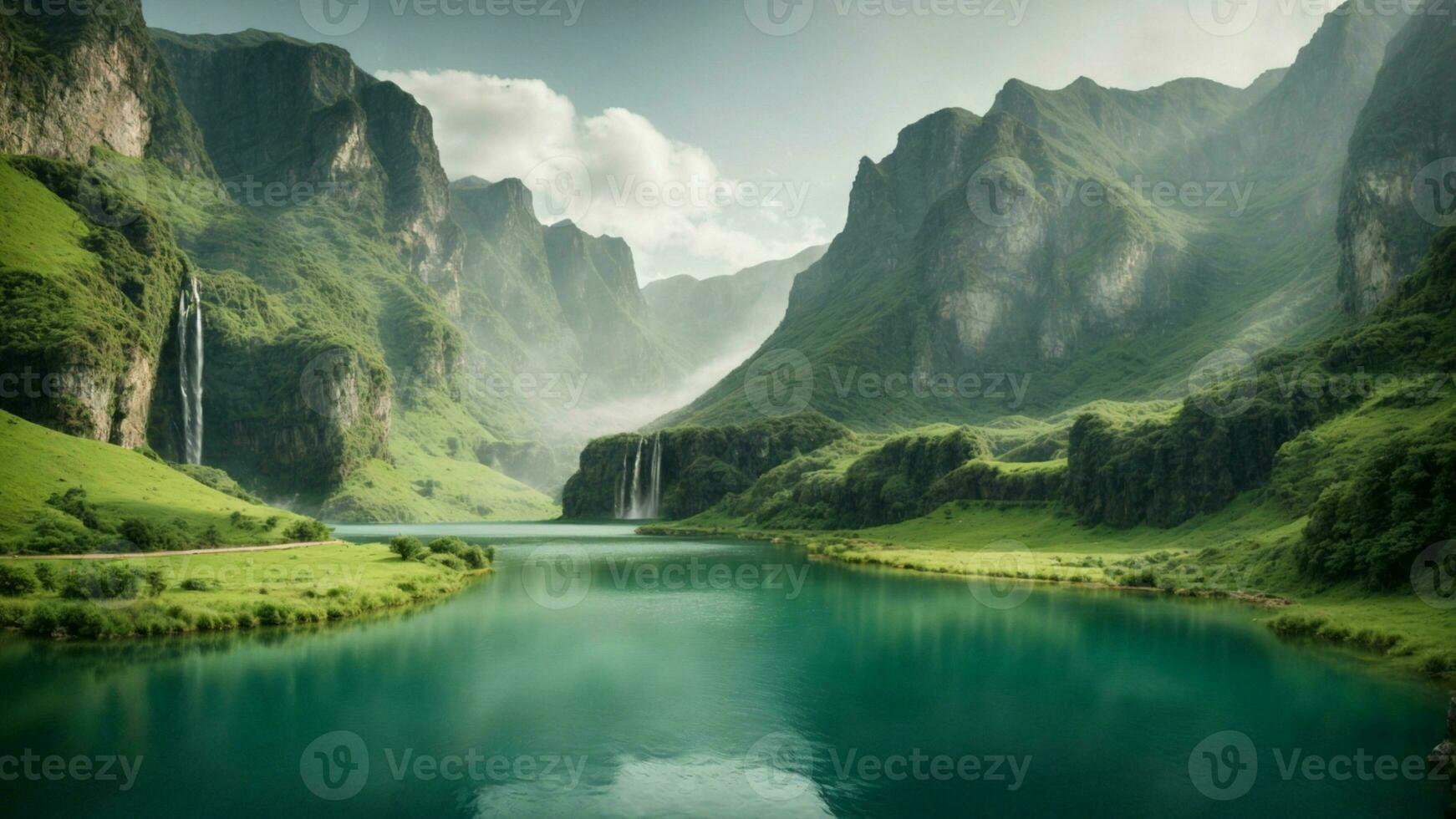 A serene, tranquil lake nestled in a verdant valley, surrounded by towering cliffs and cascading waterfalls, Nature Background AI Generative photo