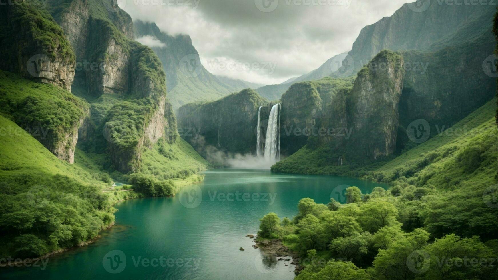 A serene, tranquil lake nestled in a verdant valley, surrounded by towering cliffs and cascading waterfalls, Nature Background AI Generative photo