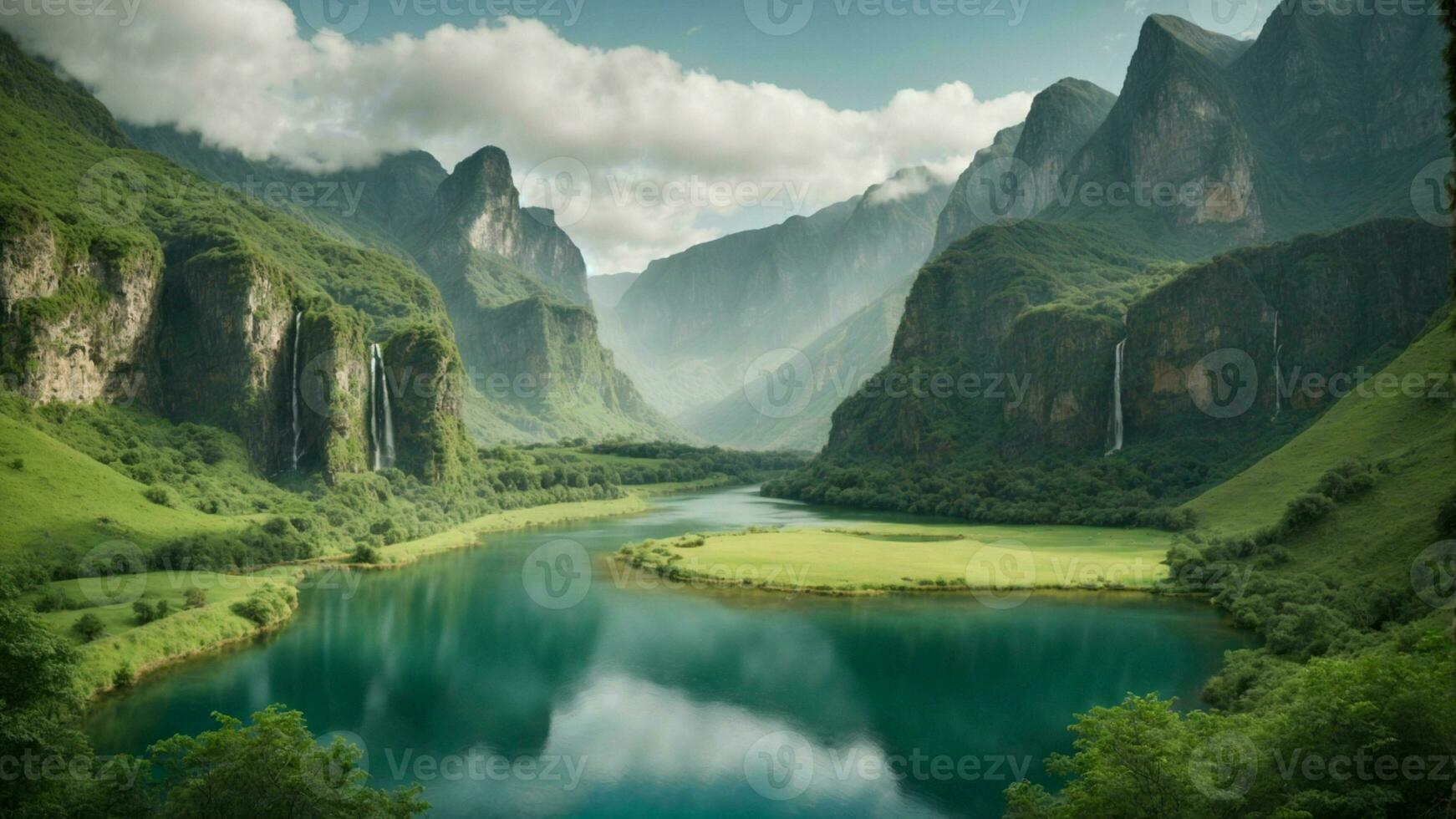 A serene, tranquil lake nestled in a verdant valley, surrounded by towering cliffs and cascading waterfalls, Nature Background AI Generative photo