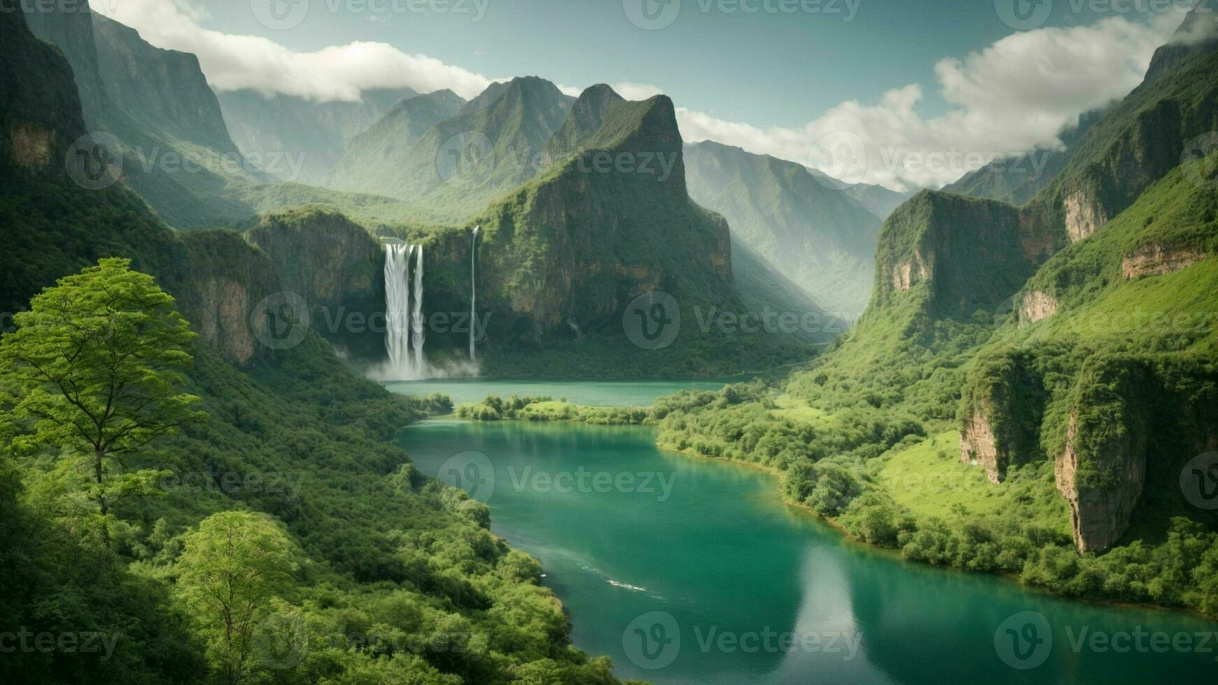 A serene, tranquil lake nestled in a verdant valley, surrounded by towering cliffs and cascading waterfalls, Nature Background AI Generative photo