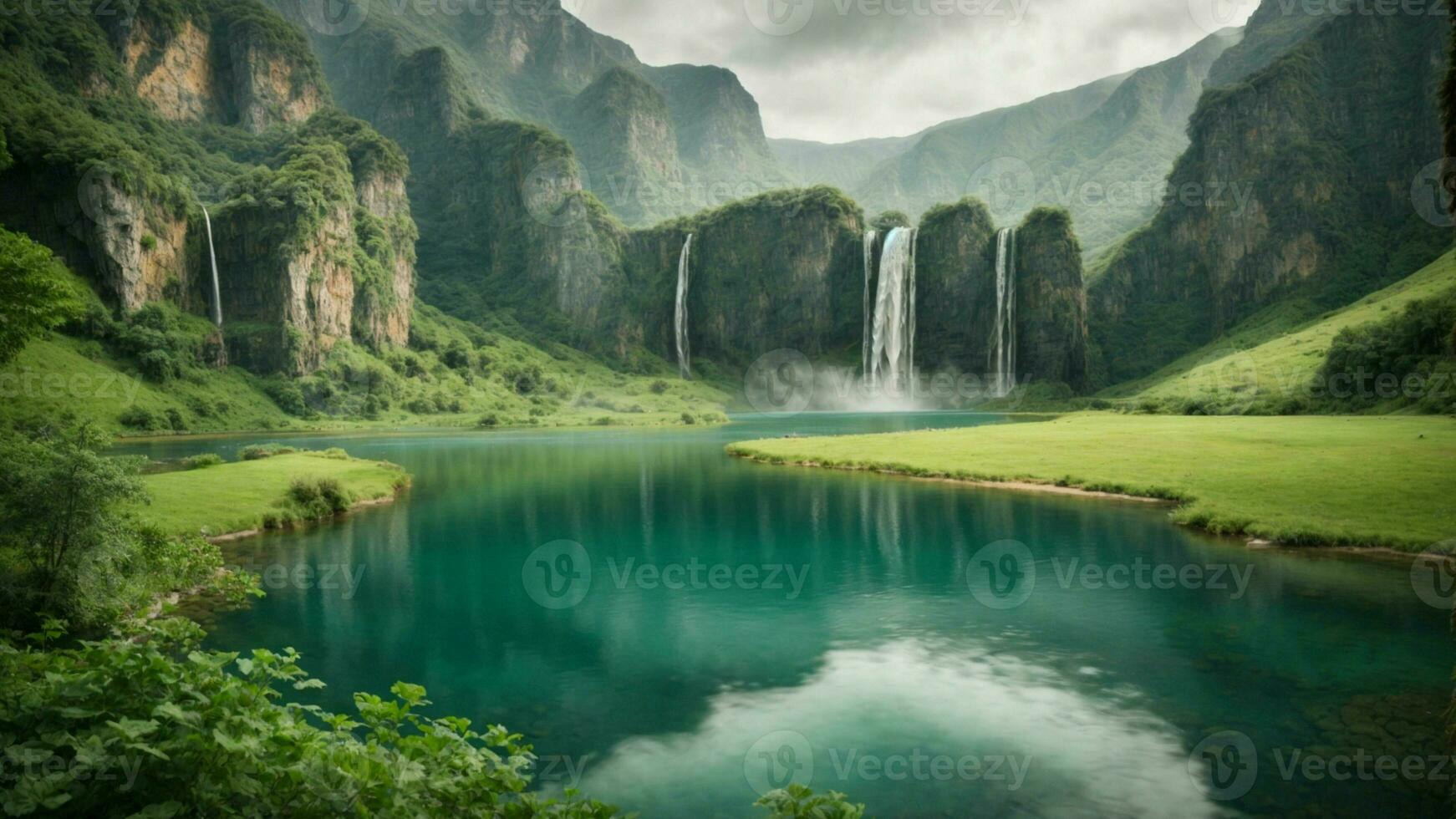 A serene, tranquil lake nestled in a verdant valley, surrounded by towering cliffs and cascading waterfalls, Nature Background AI Generative photo
