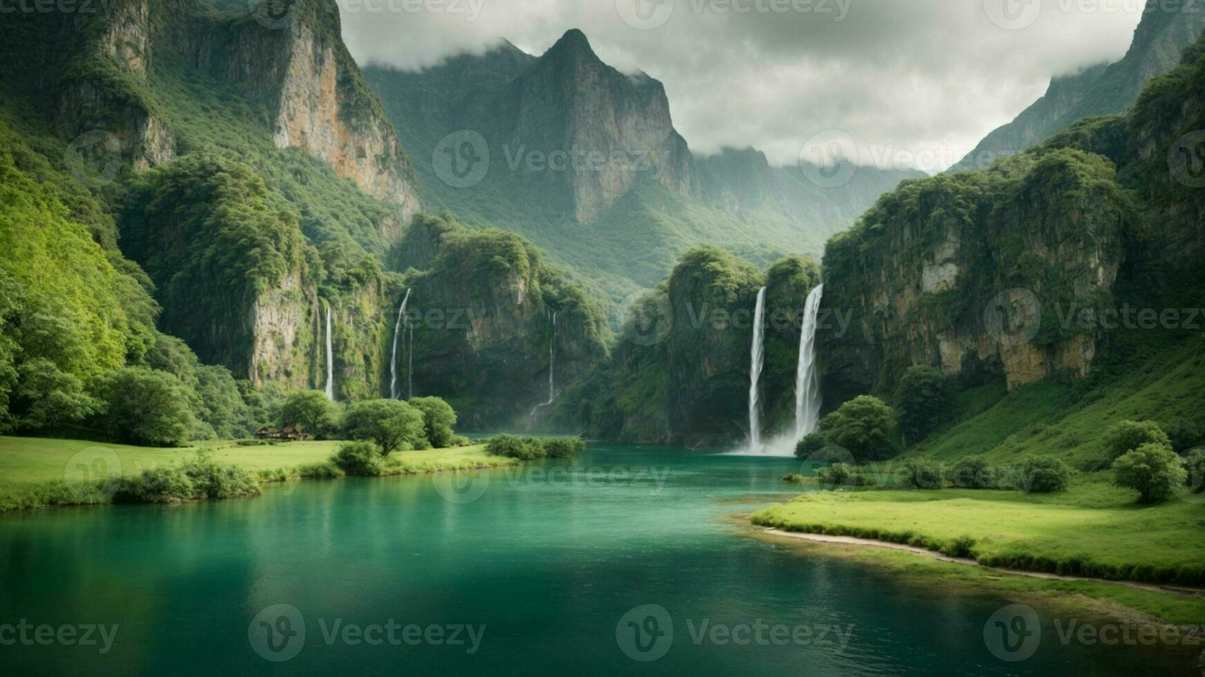 A serene, tranquil lake nestled in a verdant valley, surrounded by towering cliffs and cascading waterfalls, Nature Background AI Generative photo