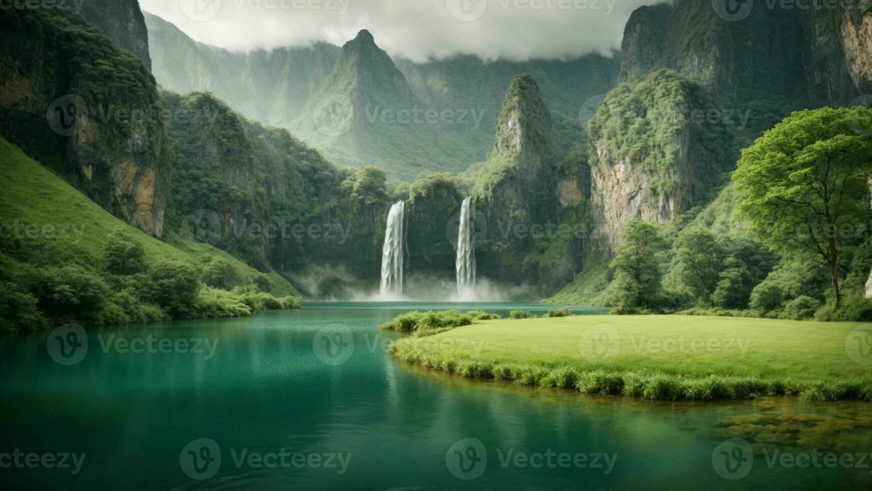 A serene, tranquil lake nestled in a verdant valley, surrounded by towering cliffs and cascading waterfalls, Nature Background AI Generative photo