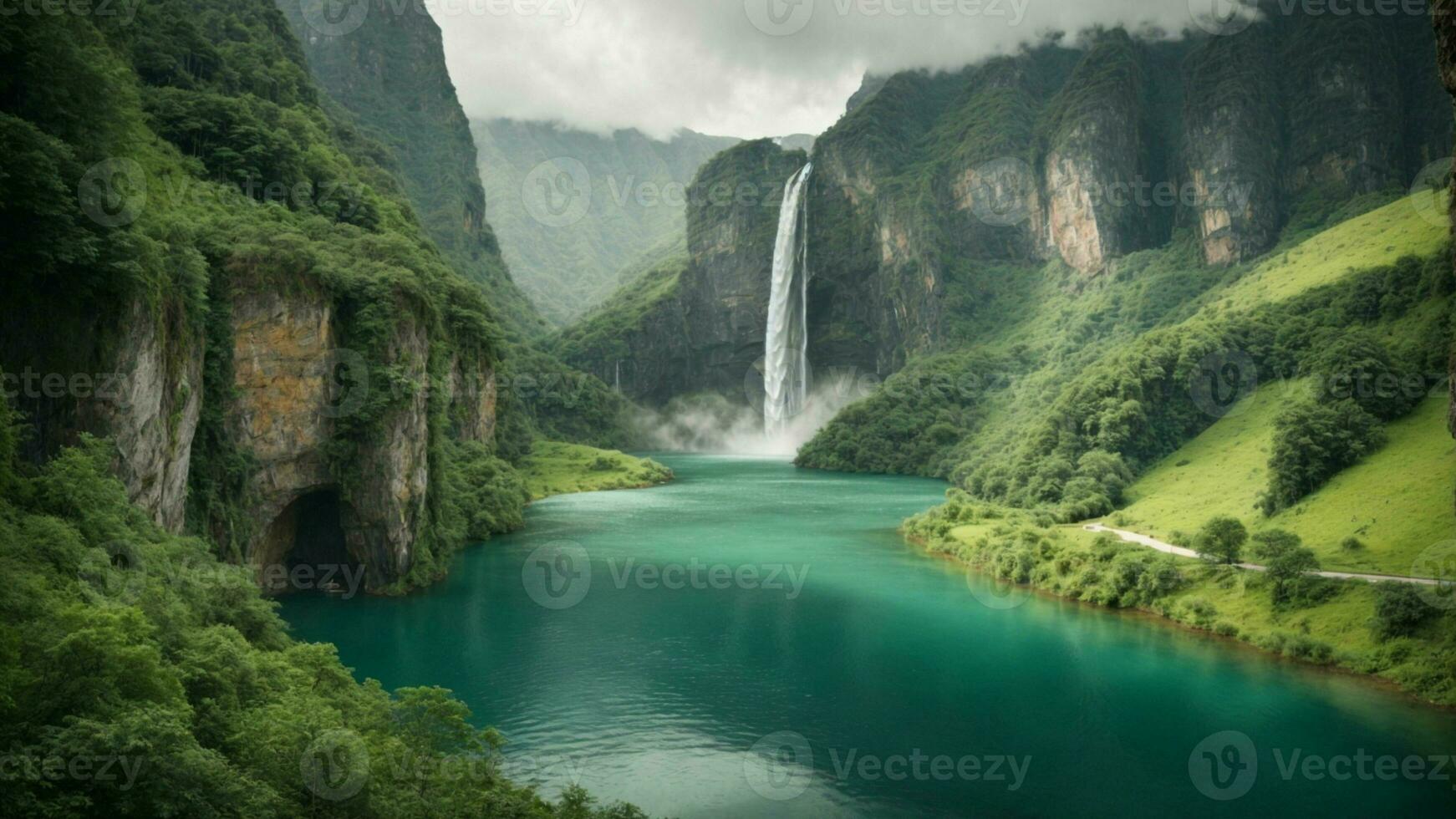 A serene, tranquil lake nestled in a verdant valley, surrounded by towering cliffs and cascading waterfalls, Nature Background AI Generative photo