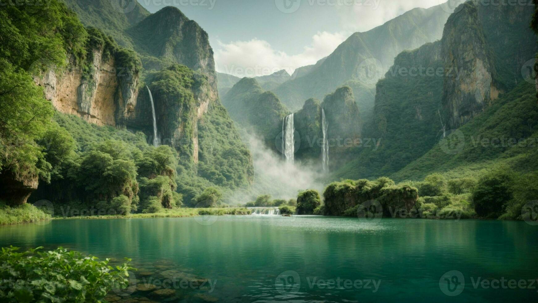 A serene, tranquil lake nestled in a verdant valley, surrounded by towering cliffs and cascading waterfalls, Nature Background AI Generative photo