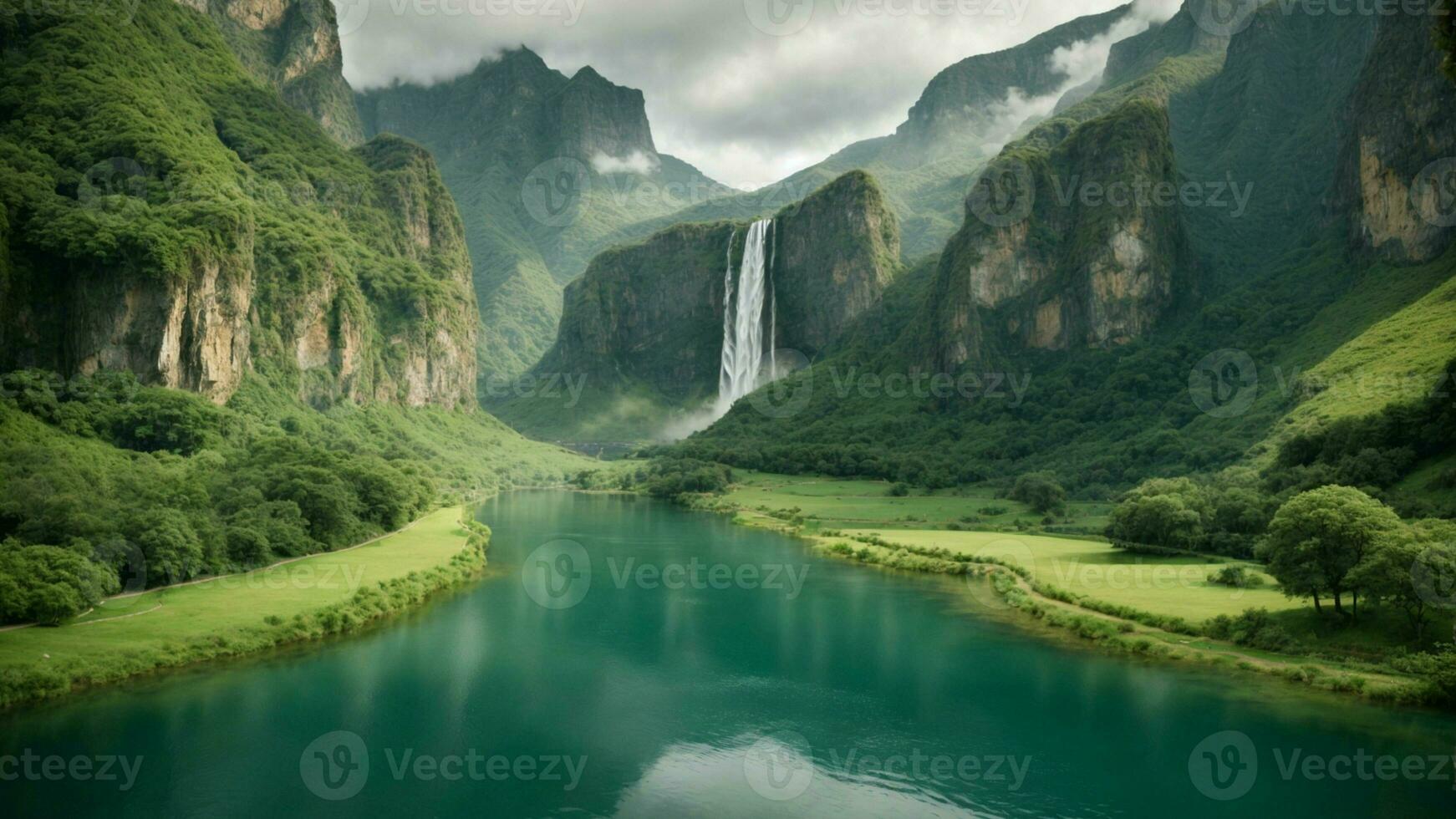 A serene, tranquil lake nestled in a verdant valley, surrounded by towering cliffs and cascading waterfalls, Nature Background AI Generative photo
