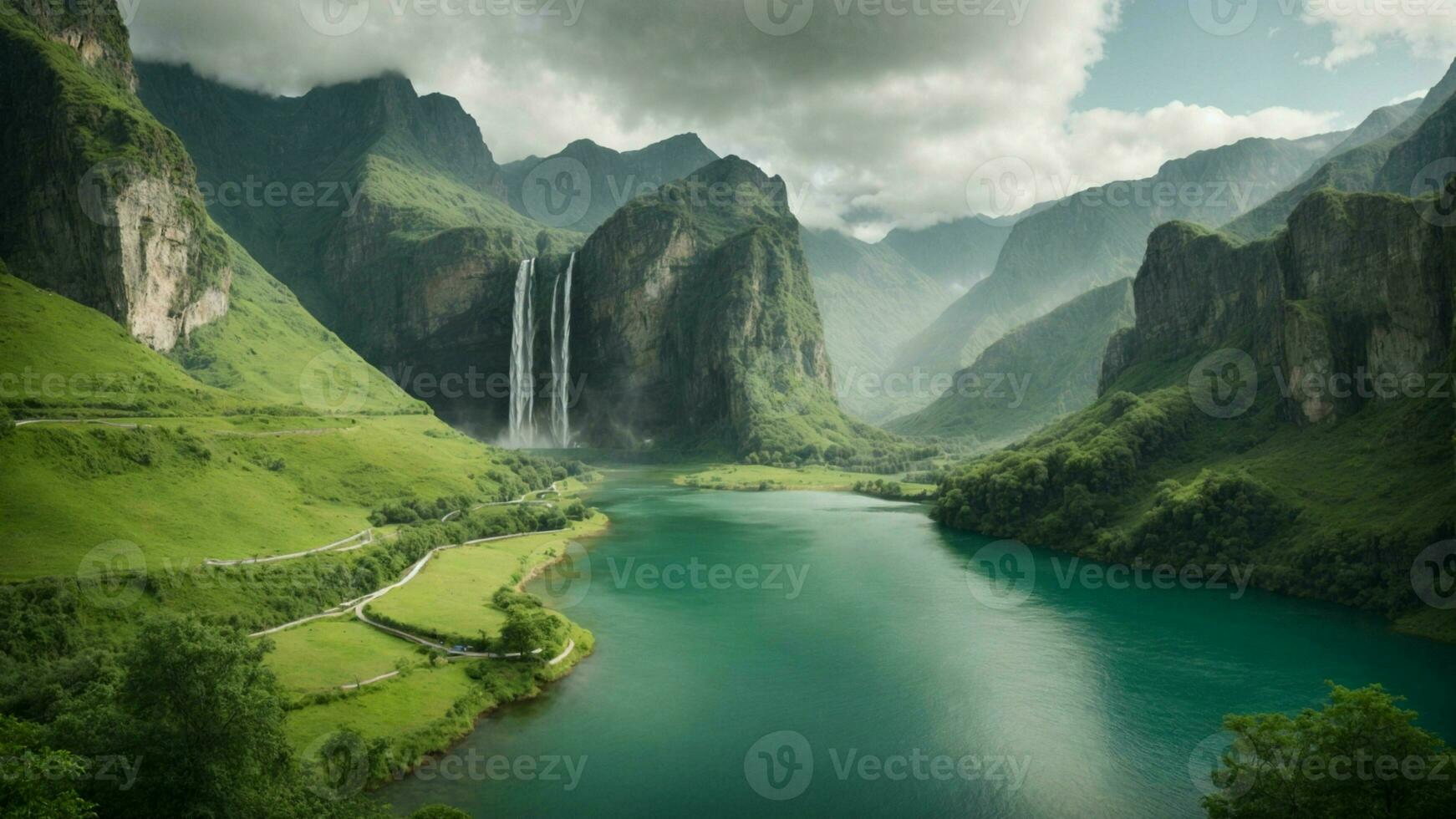 A serene, tranquil lake nestled in a verdant valley, surrounded by towering cliffs and cascading waterfalls, Nature Background AI Generative photo