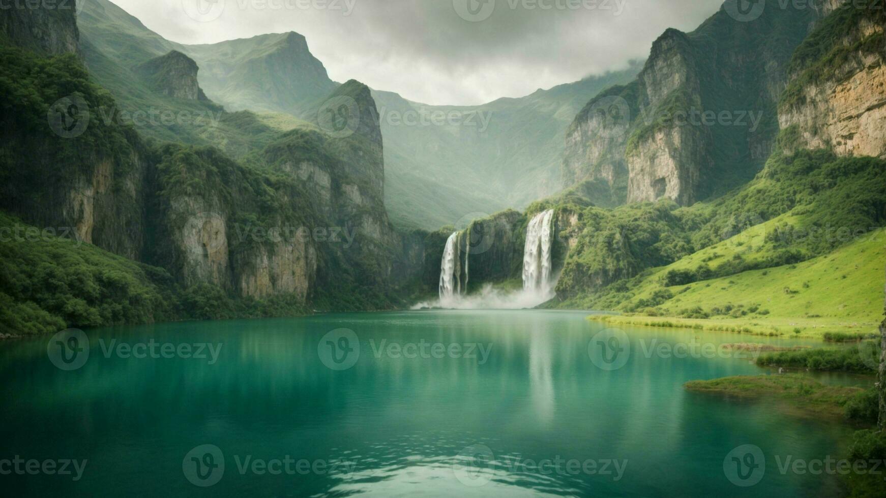 A serene, tranquil lake nestled in a verdant valley, surrounded by towering cliffs and cascading waterfalls, Nature Background AI Generative photo