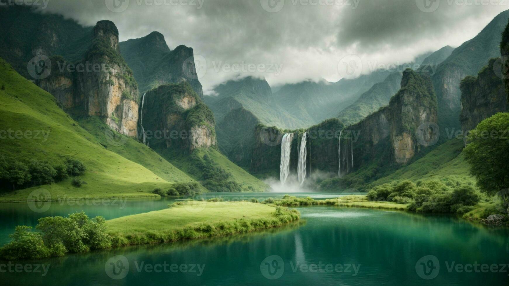 A serene, tranquil lake nestled in a verdant valley, surrounded by towering cliffs and cascading waterfalls, Nature Background AI Generative photo
