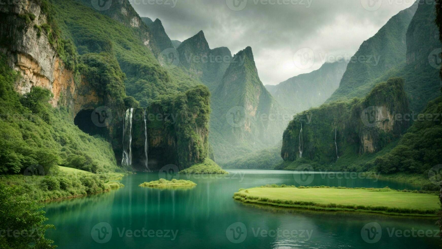 A serene, tranquil lake nestled in a verdant valley, surrounded by towering cliffs and cascading waterfalls, Nature Background AI Generative photo