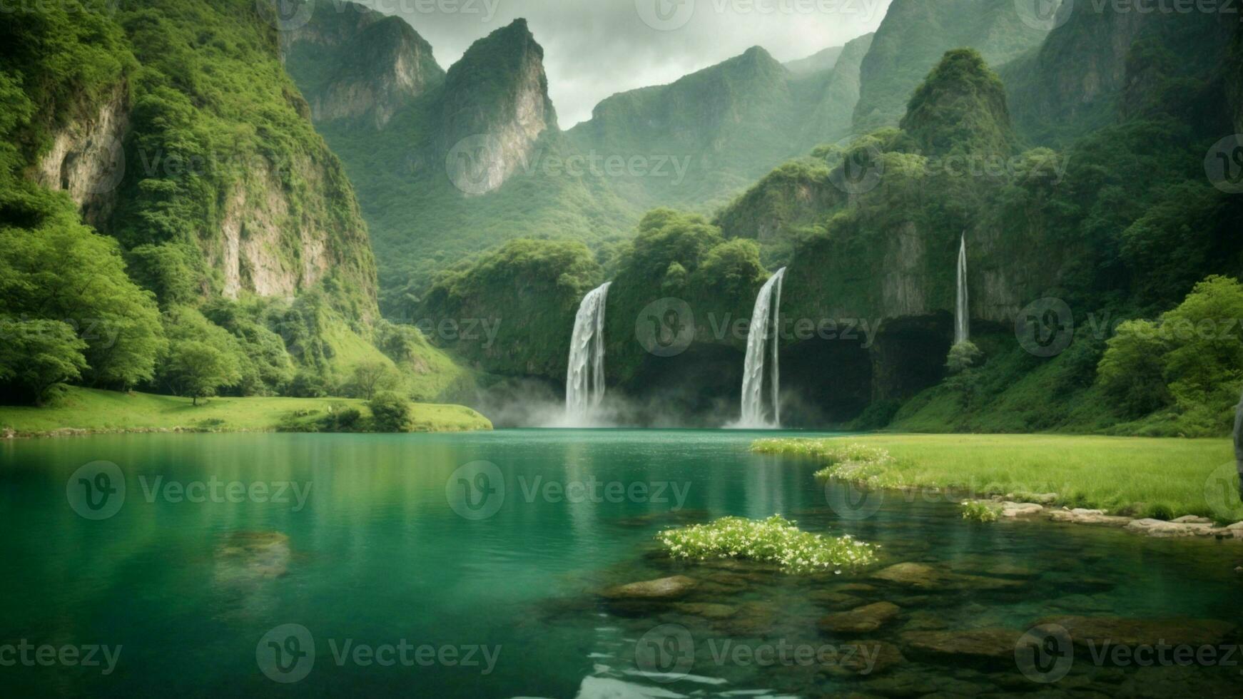 A serene, tranquil lake nestled in a verdant valley, surrounded by towering cliffs and cascading waterfalls, Nature Background AI Generative photo