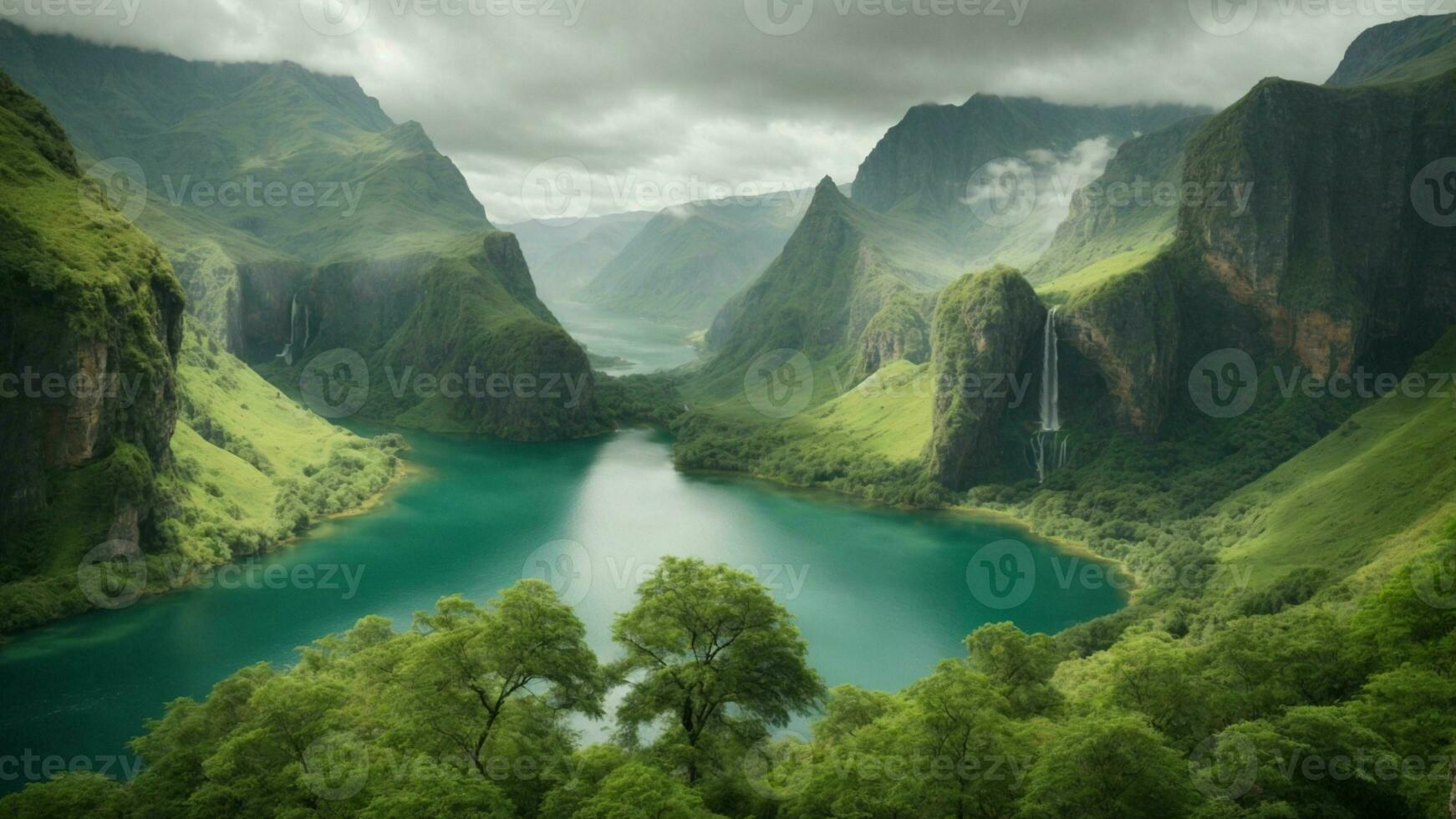 A serene, tranquil lake nestled in a verdant valley, surrounded by towering cliffs and cascading waterfalls, Nature Background AI Generative photo