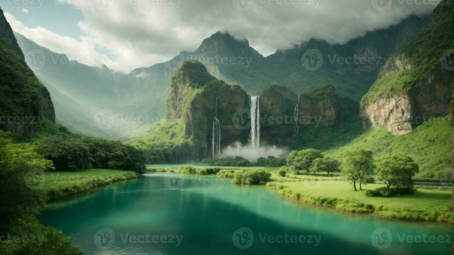 A serene, tranquil lake nestled in a verdant valley, surrounded by towering cliffs and cascading waterfalls, Nature Background AI Generative photo