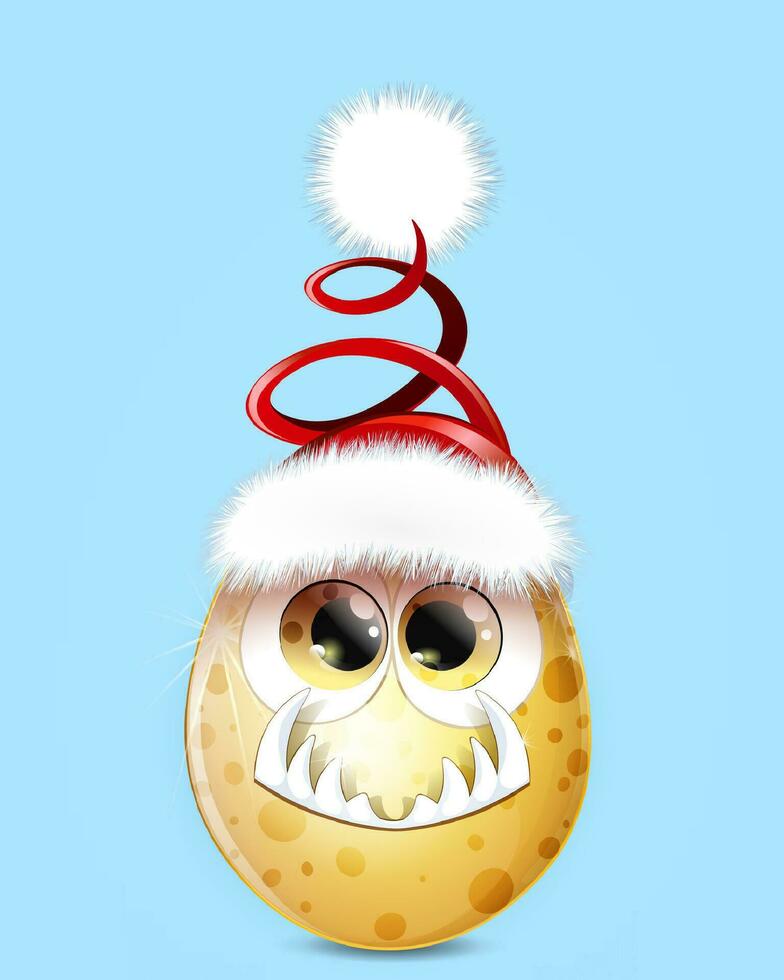 Funny golden dinosaur egg with big teeth and Santa Claus hat. 2024 new year concept. vector