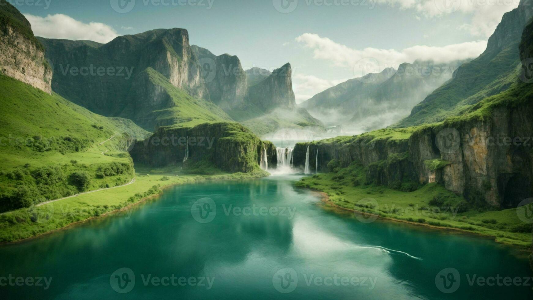 A serene, tranquil lake nestled in a verdant valley, surrounded by towering cliffs and cascading waterfalls, Nature Background AI Generative photo