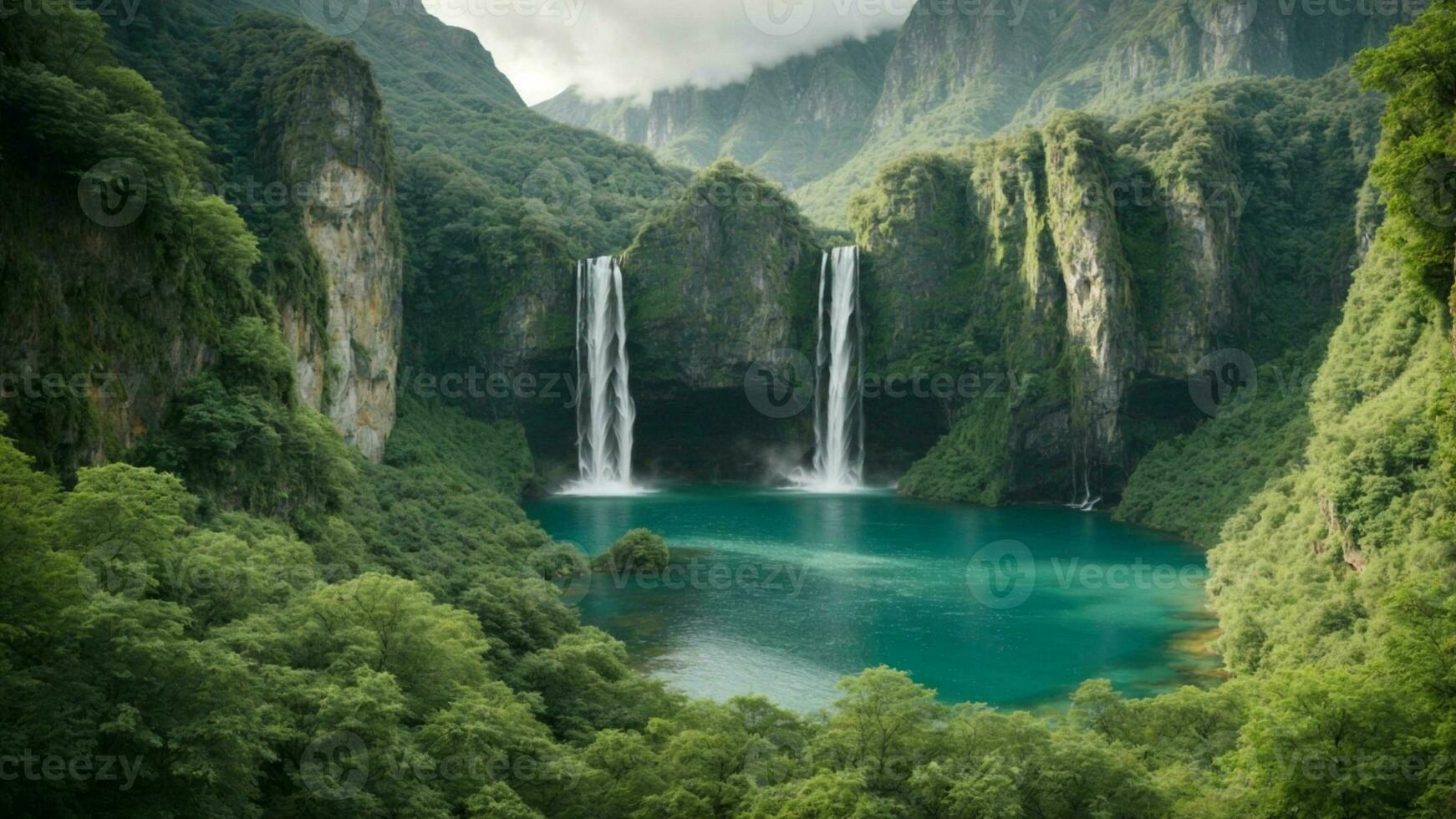 A serene, tranquil lake nestled in a verdant valley, surrounded by towering cliffs and cascading waterfalls, Nature Background AI Generative photo