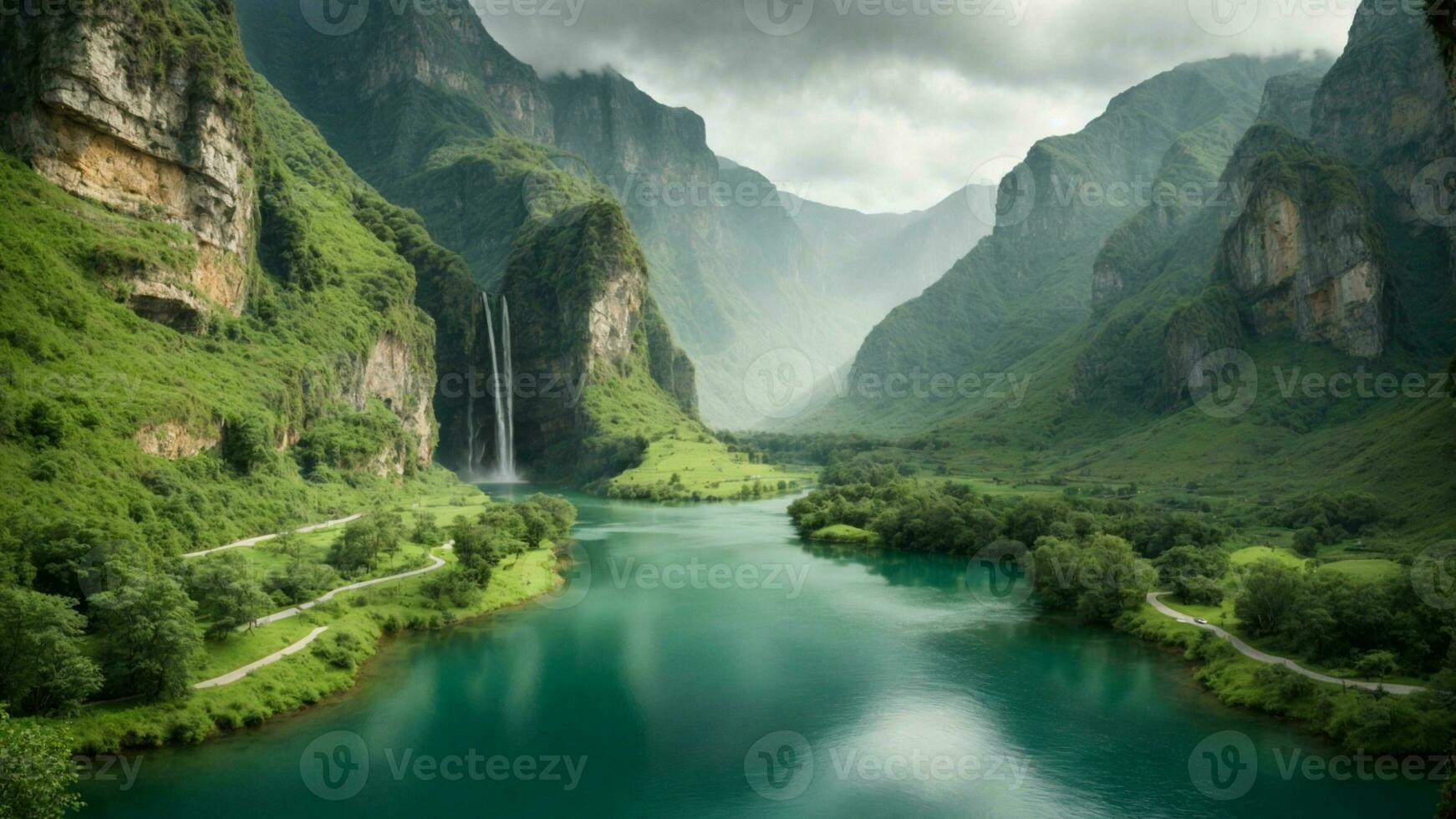 A serene, tranquil lake nestled in a verdant valley, surrounded by towering cliffs and cascading waterfalls, Nature Background AI Generative photo