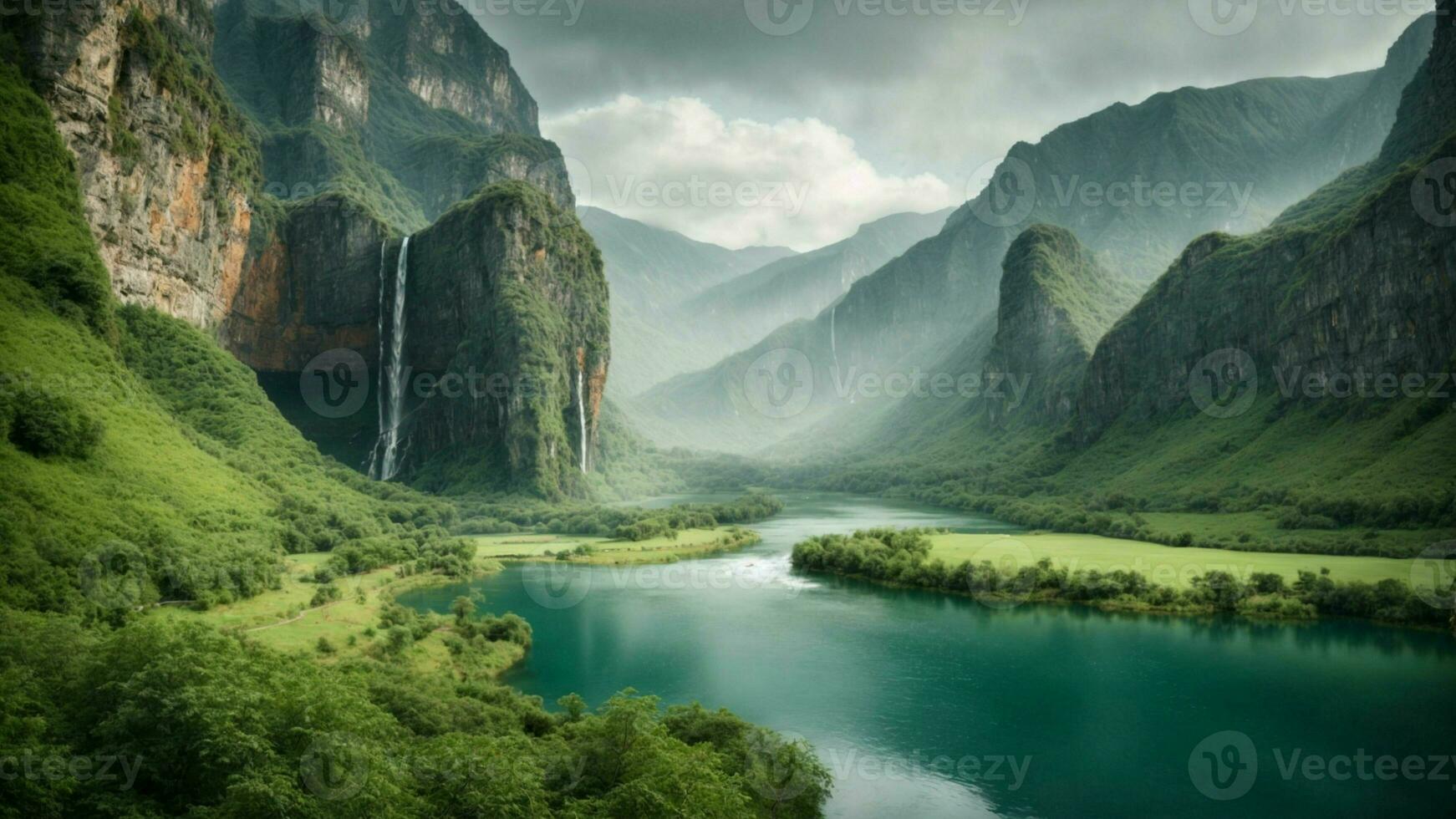 A serene, tranquil lake nestled in a verdant valley, surrounded by towering cliffs and cascading waterfalls, Nature Background AI Generative photo