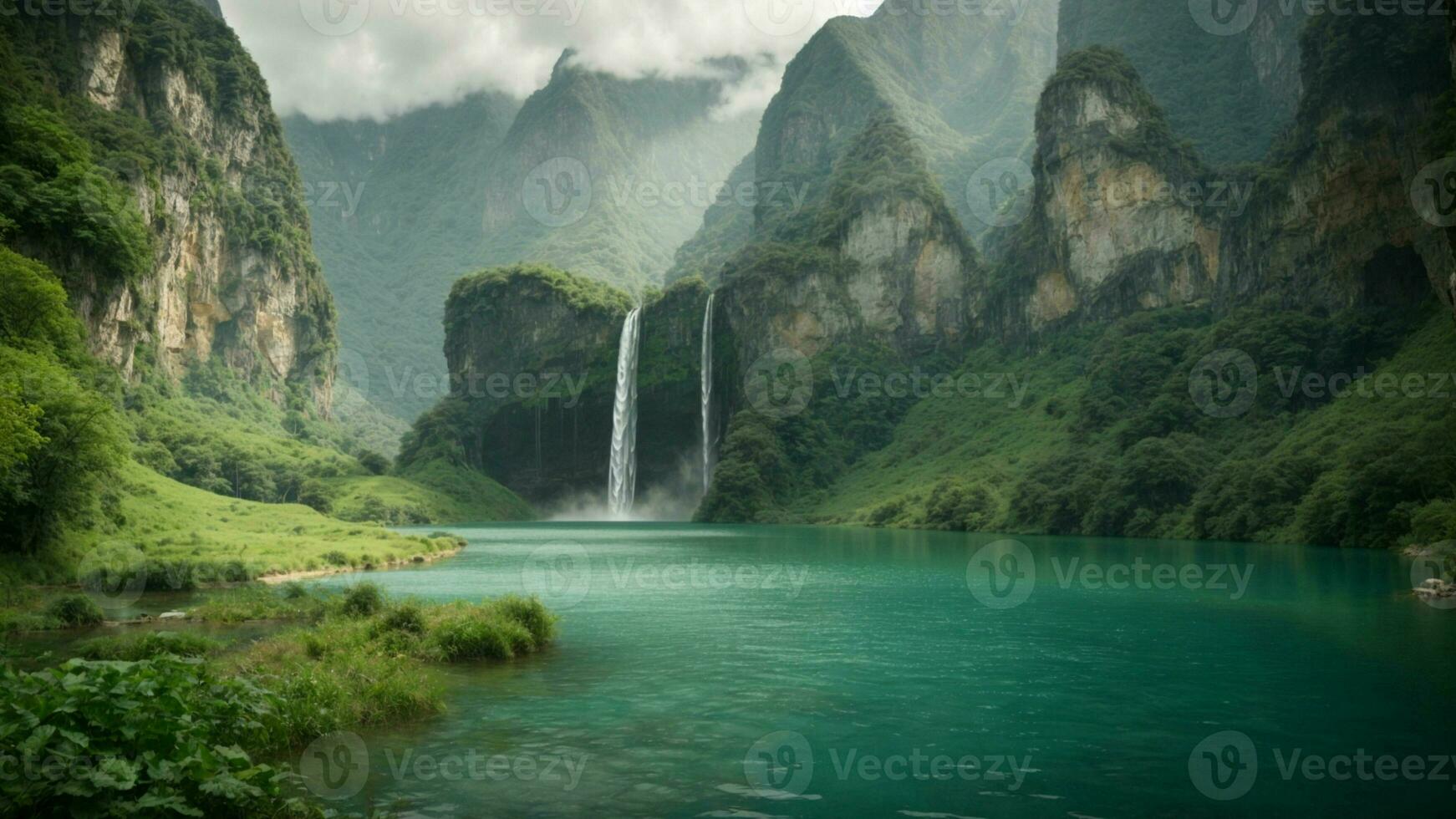 A serene, tranquil lake nestled in a verdant valley, surrounded by towering cliffs and cascading waterfalls, Nature Background AI Generative photo