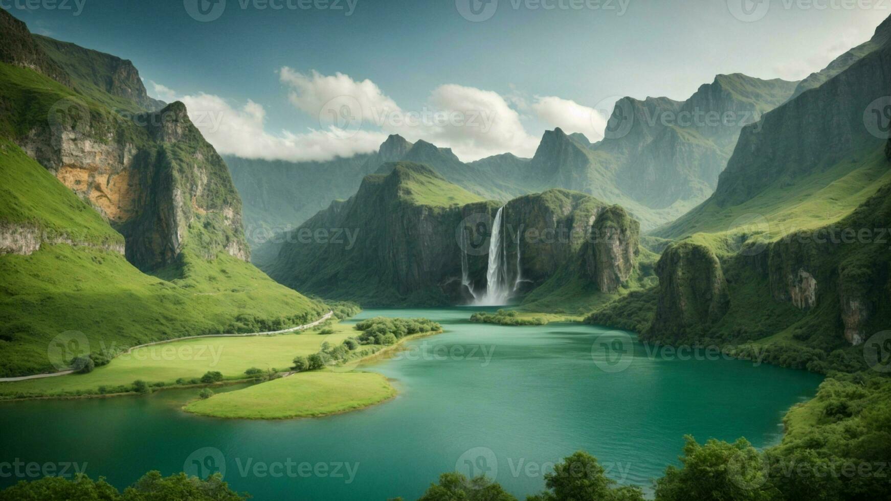 A serene, tranquil lake nestled in a verdant valley, surrounded by towering cliffs and cascading waterfalls, Nature Background AI Generative photo