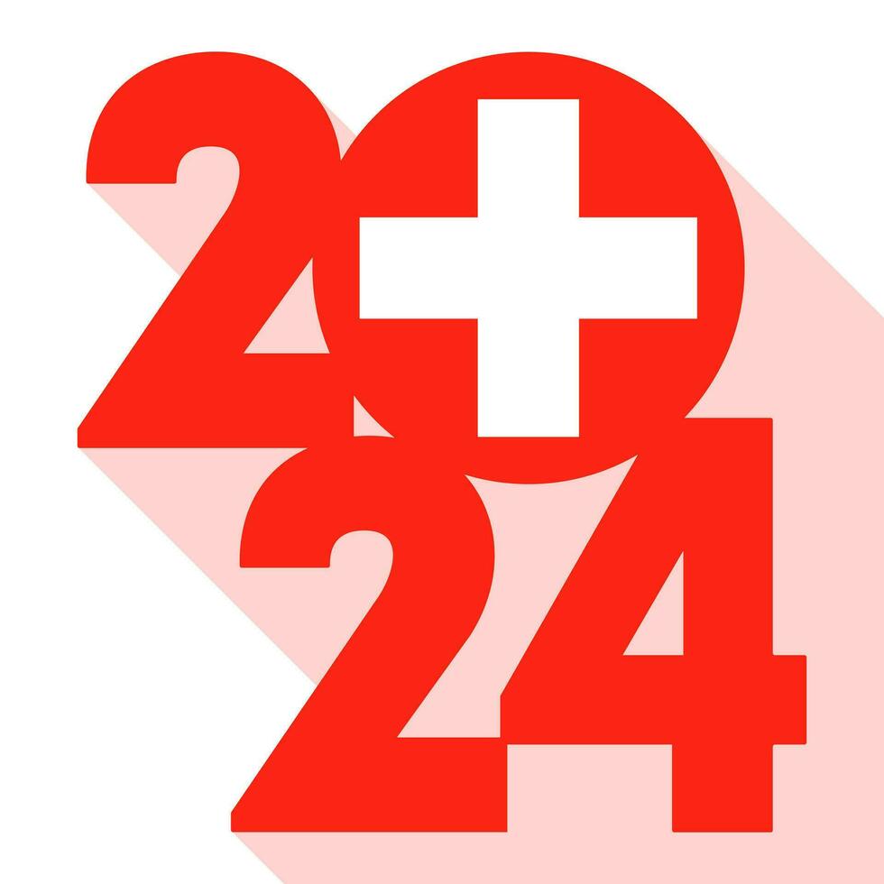 Happy New Year 2024, long shadow banner with Switzerland flag inside. Vector illustration.