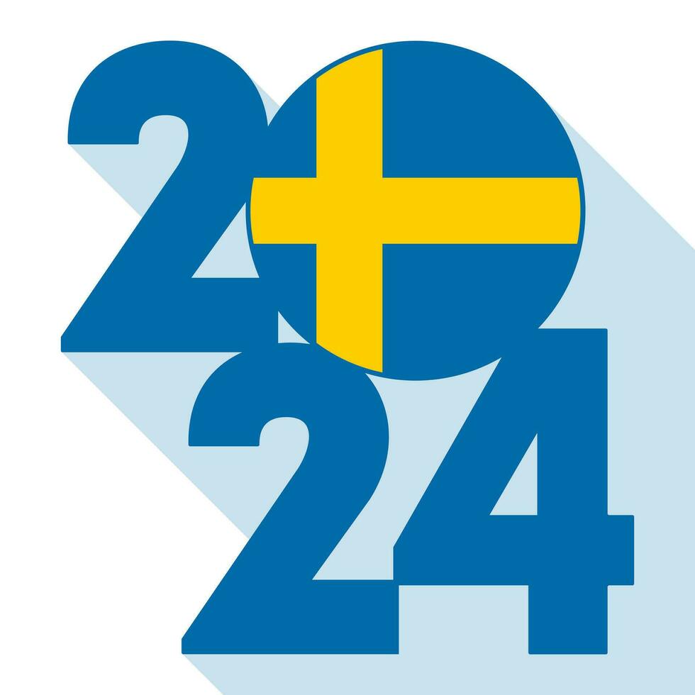 Happy New Year 2024, long shadow banner with Sweden flag inside. Vector illustration.