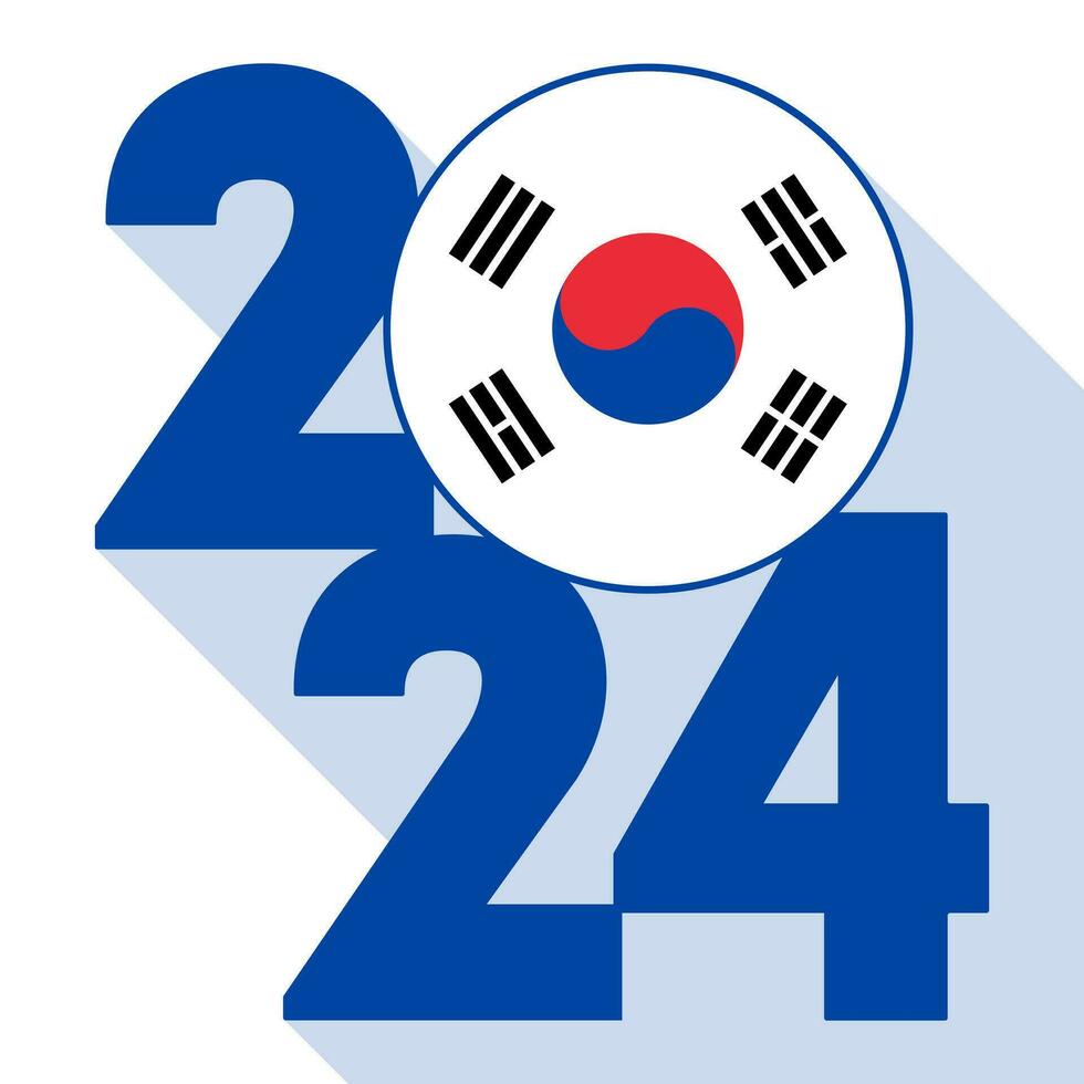 Happy New Year 2024, long shadow banner with South Korea flag inside. Vector illustration.