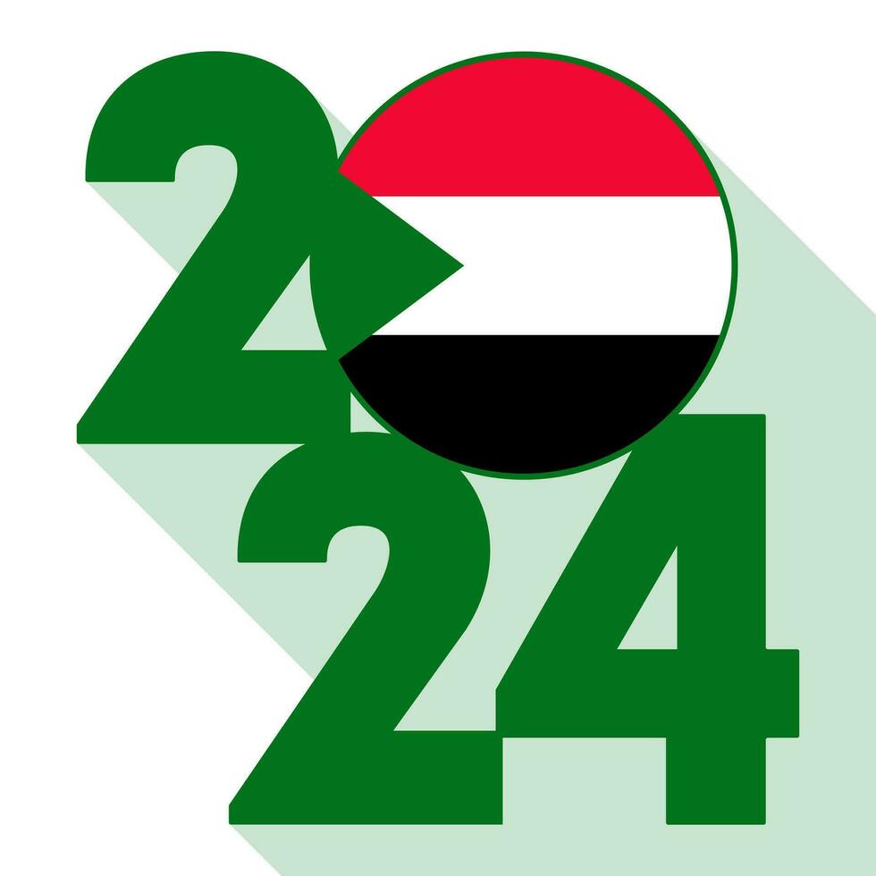 Happy New Year 2024, long shadow banner with Sudan flag inside. Vector illustration.
