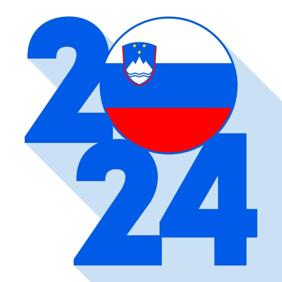 Happy New Year 2024, long shadow banner with Slovenia flag inside. Vector illustration.