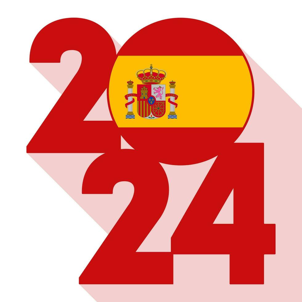Happy New Year 2024, long shadow banner with Spain flag inside. Vector illustration.