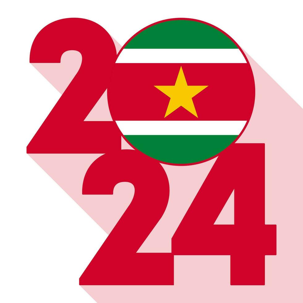 Happy New Year 2024, long shadow banner with Suriname flag inside. Vector illustration.