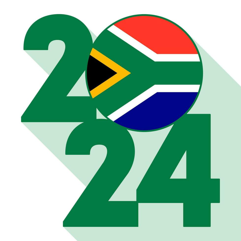 Happy New Year 2024, long shadow banner with South Africa flag inside. Vector illustration.