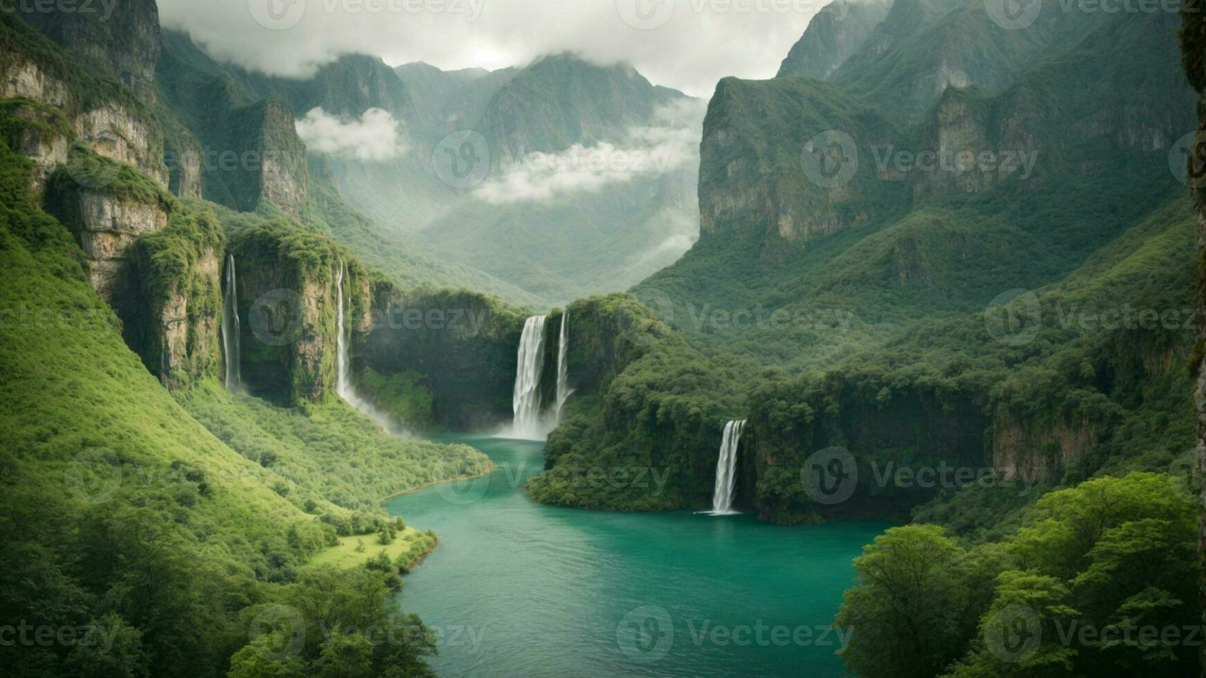 A serene, tranquil lake nestled in a verdant valley, surrounded by towering cliffs and cascading waterfalls, Nature Background AI Generative photo